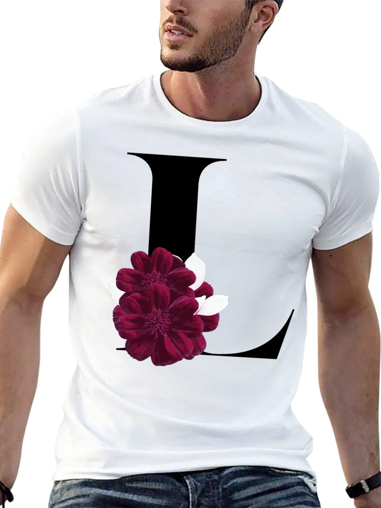 Black Floral Letter L Black T-Shirt view 13
