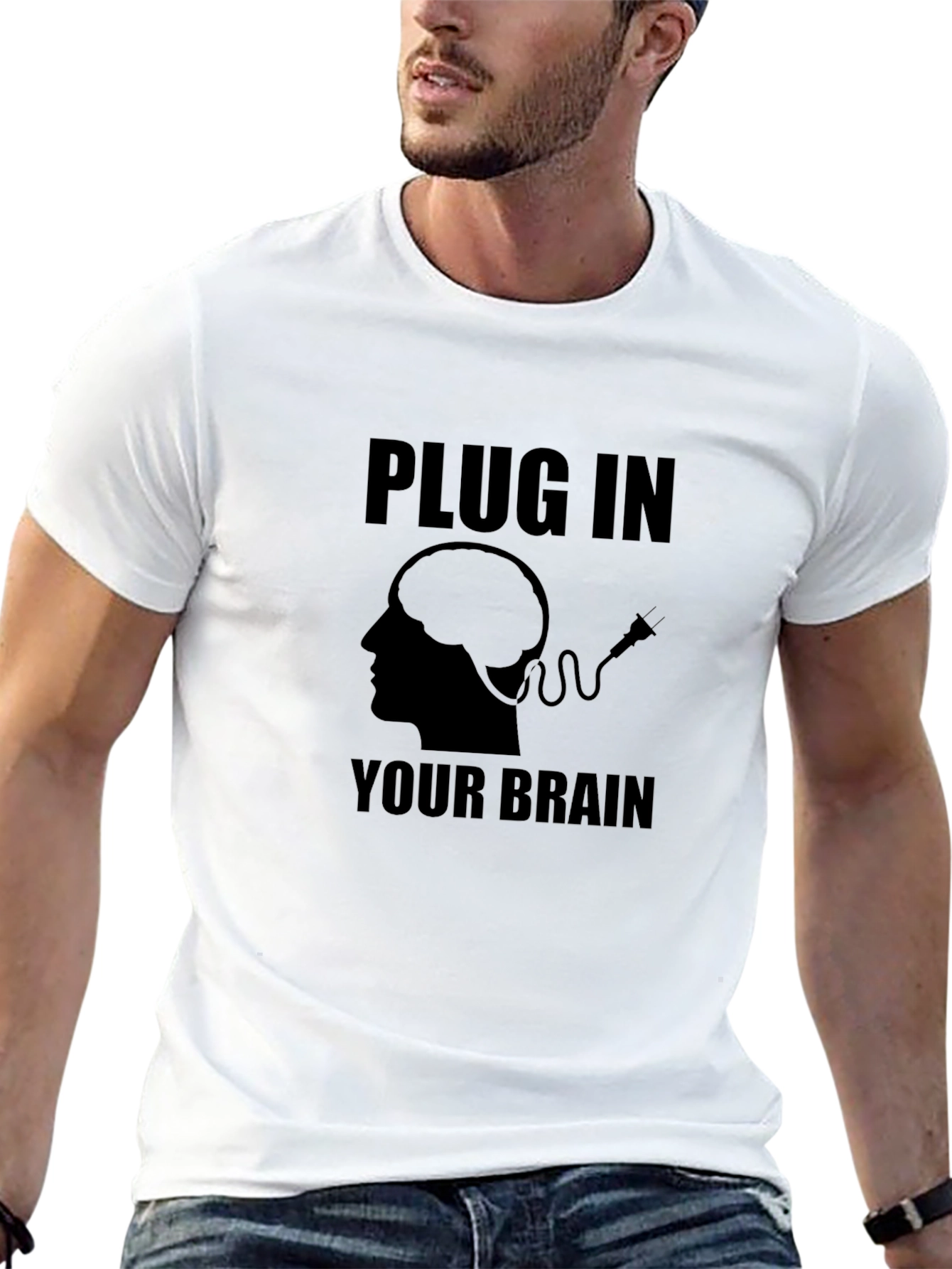 Black Plug In Your Brain Graphic T-Shirt - Unique Design view 13