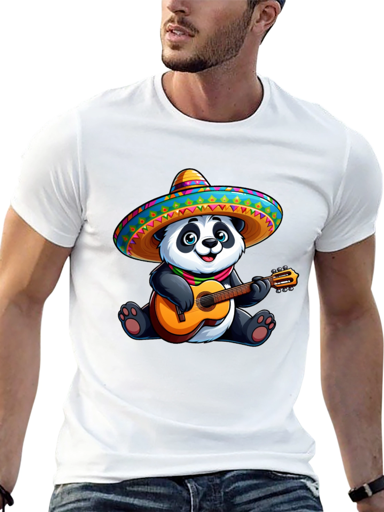 Black Panda Guitarist Graphic Tee - Black Cotton T-Shirt view 13