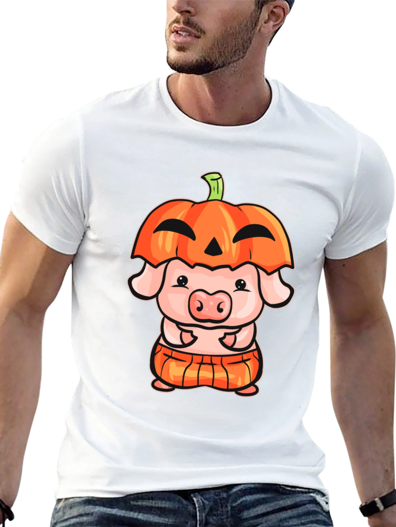 Black Cute Pig in Pumpkin Costume Graphic T-Shirt view 13