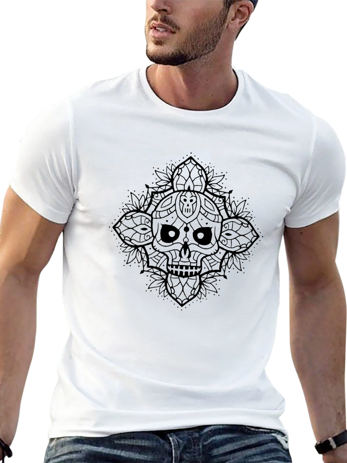 Black Skull Mandala Graphic Black T-Shirt view 13