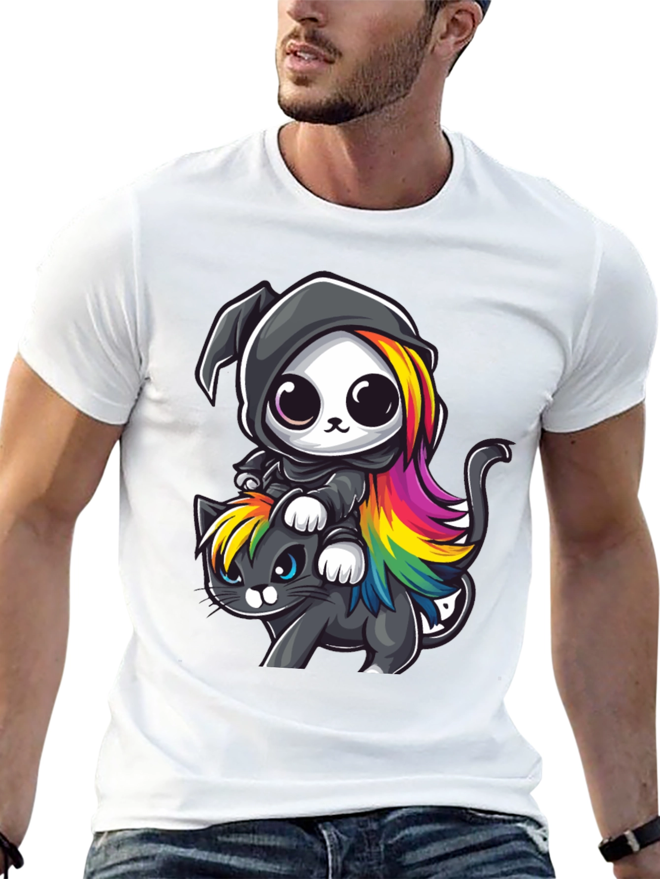 Black Cute Grim Reaper Cat Ride T-Shirt view 13