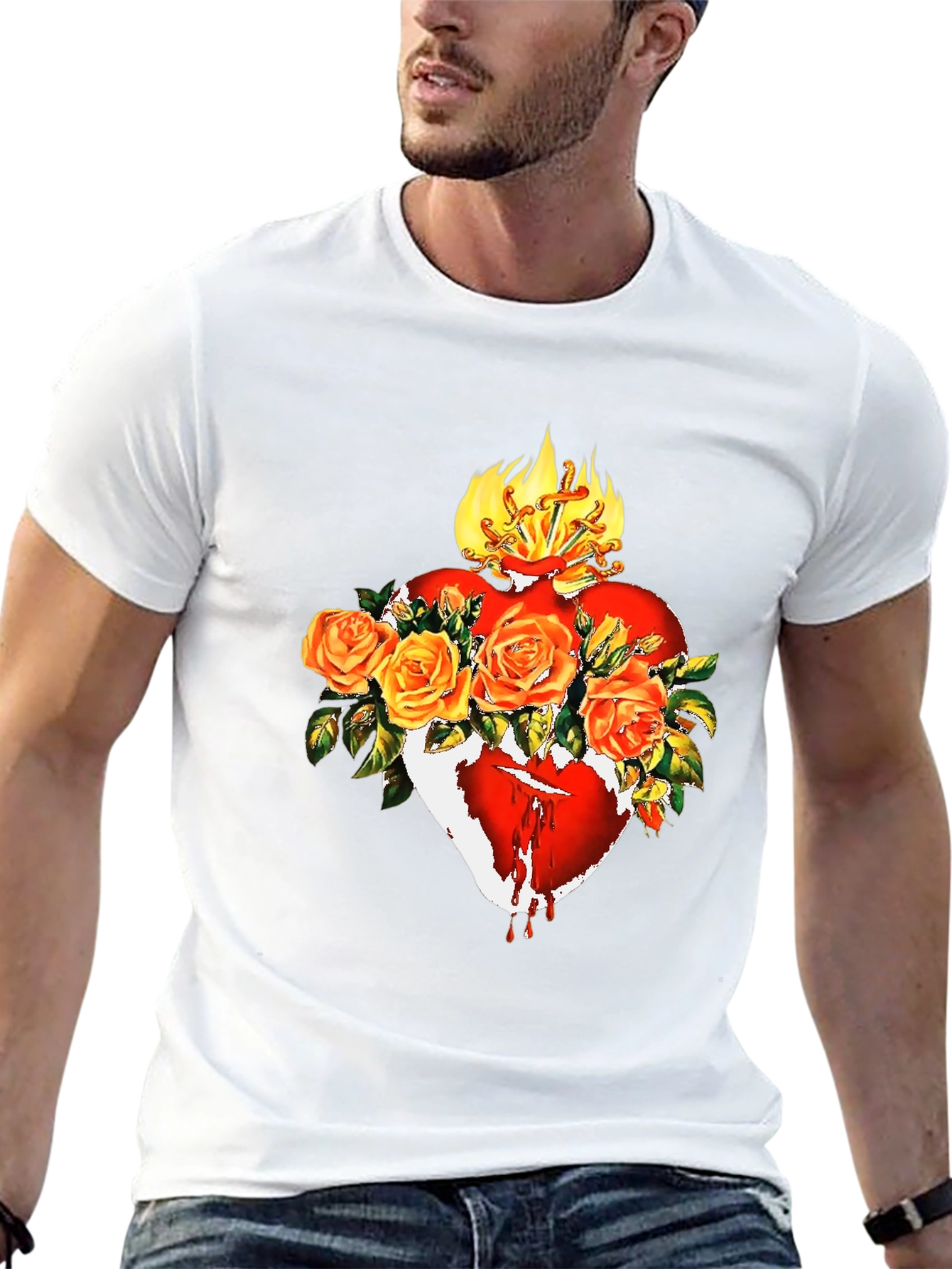 Black Sacred Heart Rose T-Shirt - Unique Graphic Tee view 13