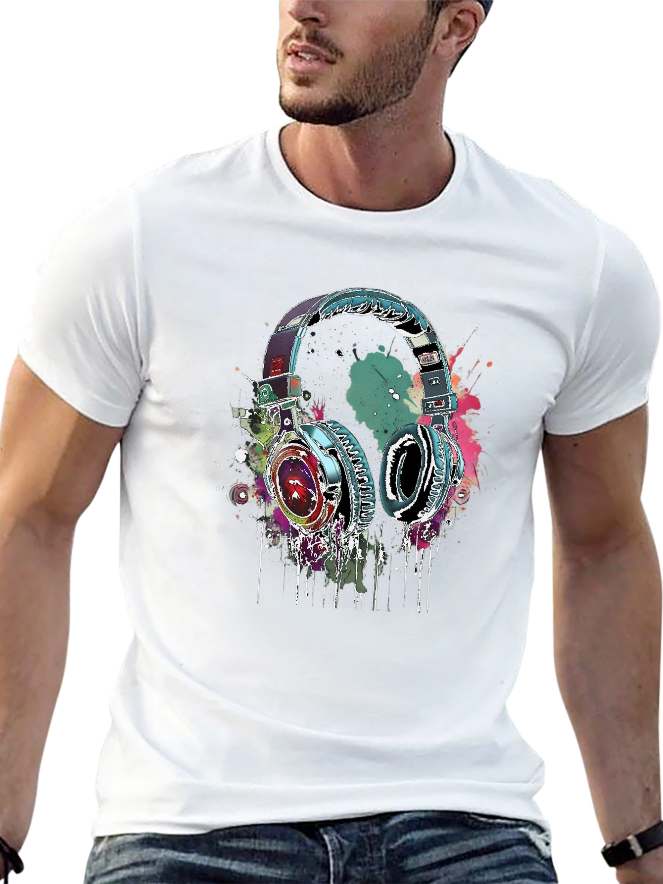 Black Vibrant Headphones Graphic Black T-Shirt view 13