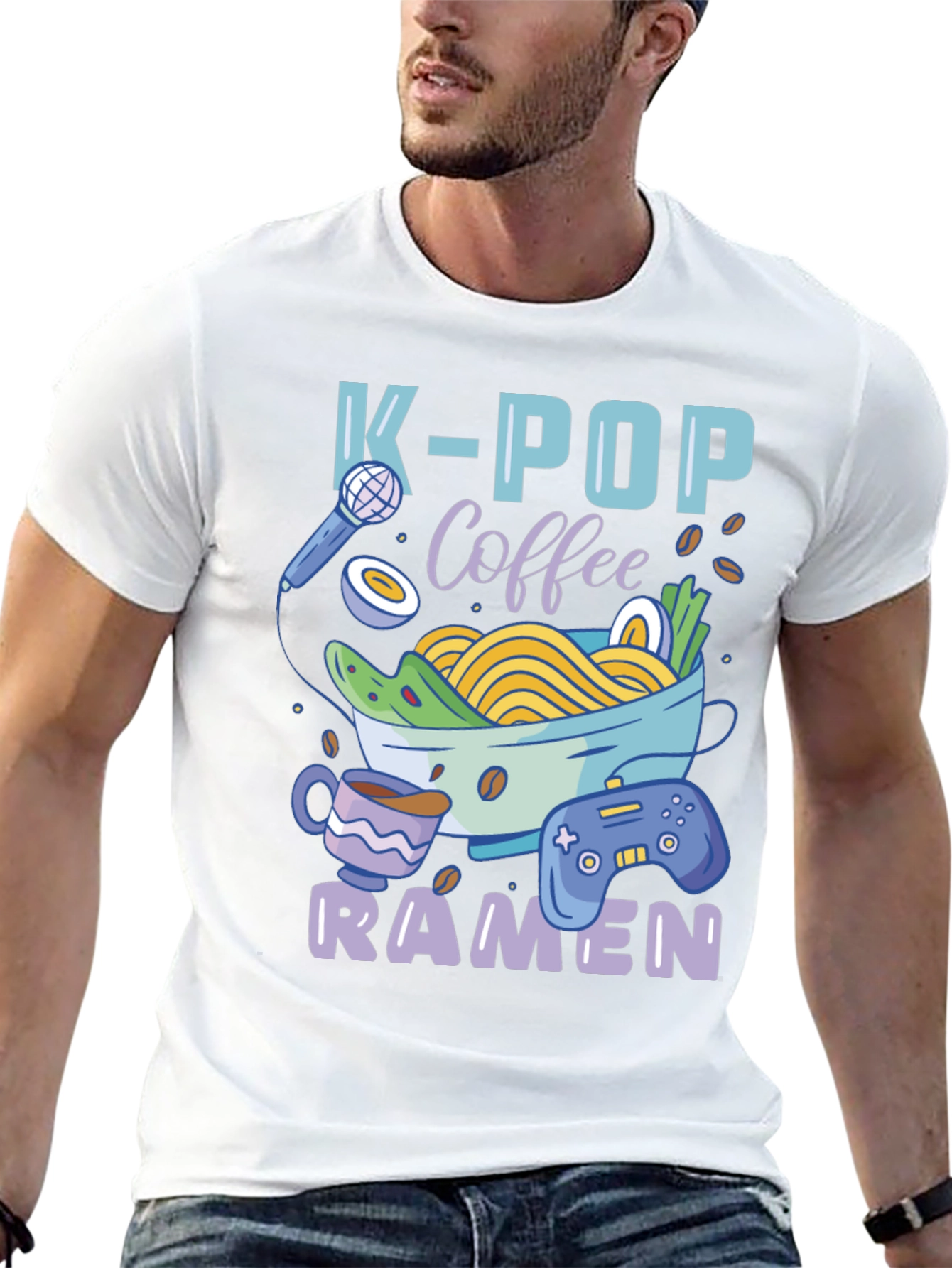 Black K-POP Coffee Ramen Gamer Graphic T-Shirt view 13