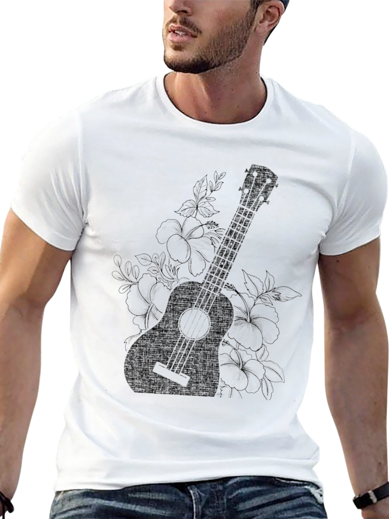 Black Floral Ukulele Graphic Tee - Black Comfort Fit T-Shirt view 13
