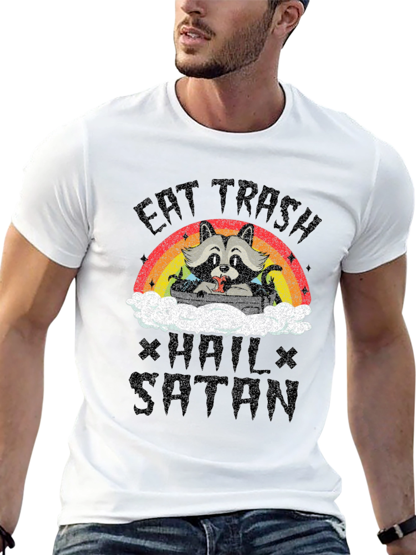 Black Eat Trash Hail Satan Funny Raccoon Graphic T-Shirt view 13