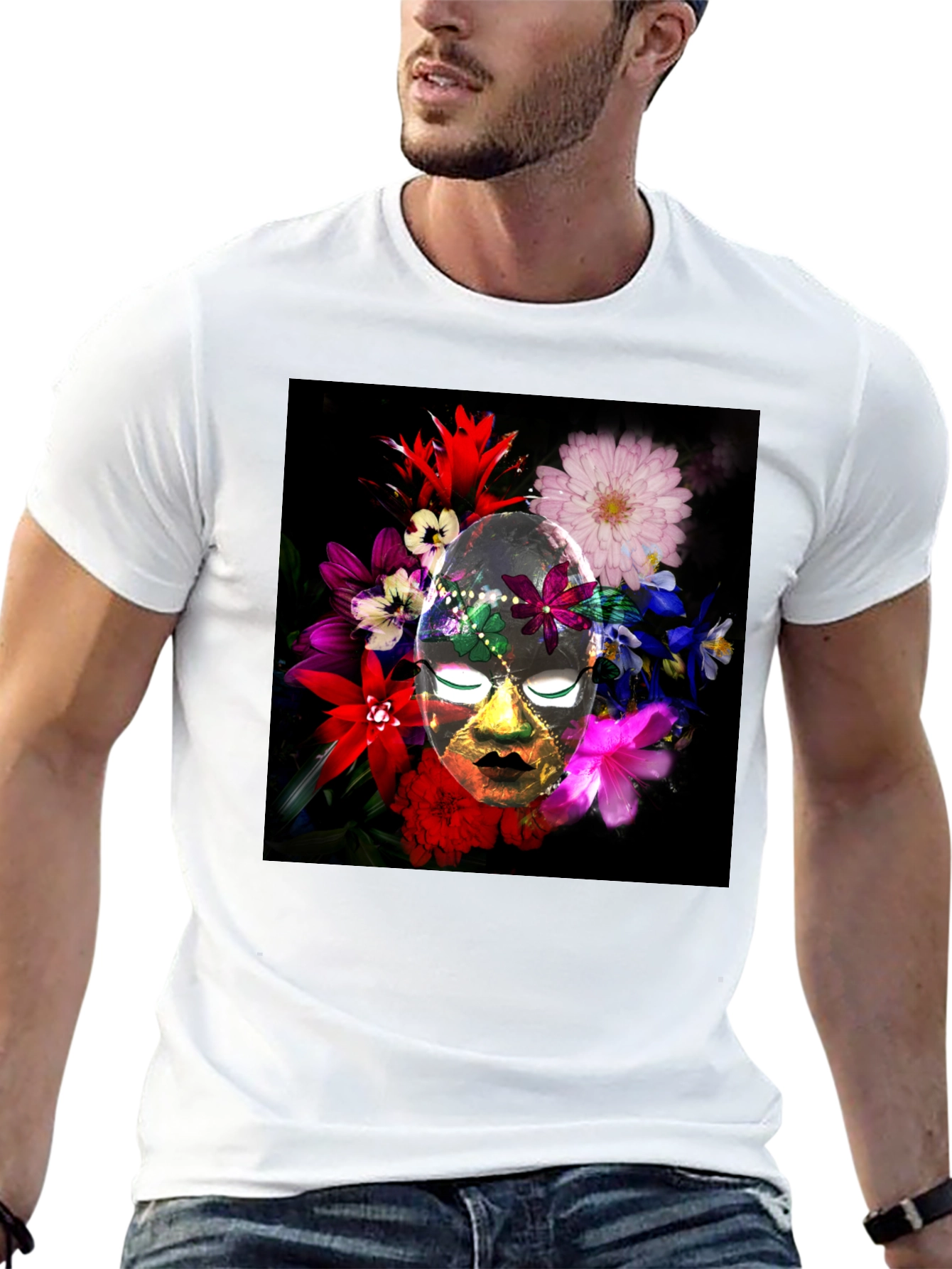Black Floral Mask Graphic Tee - Black Cotton Blend view 13