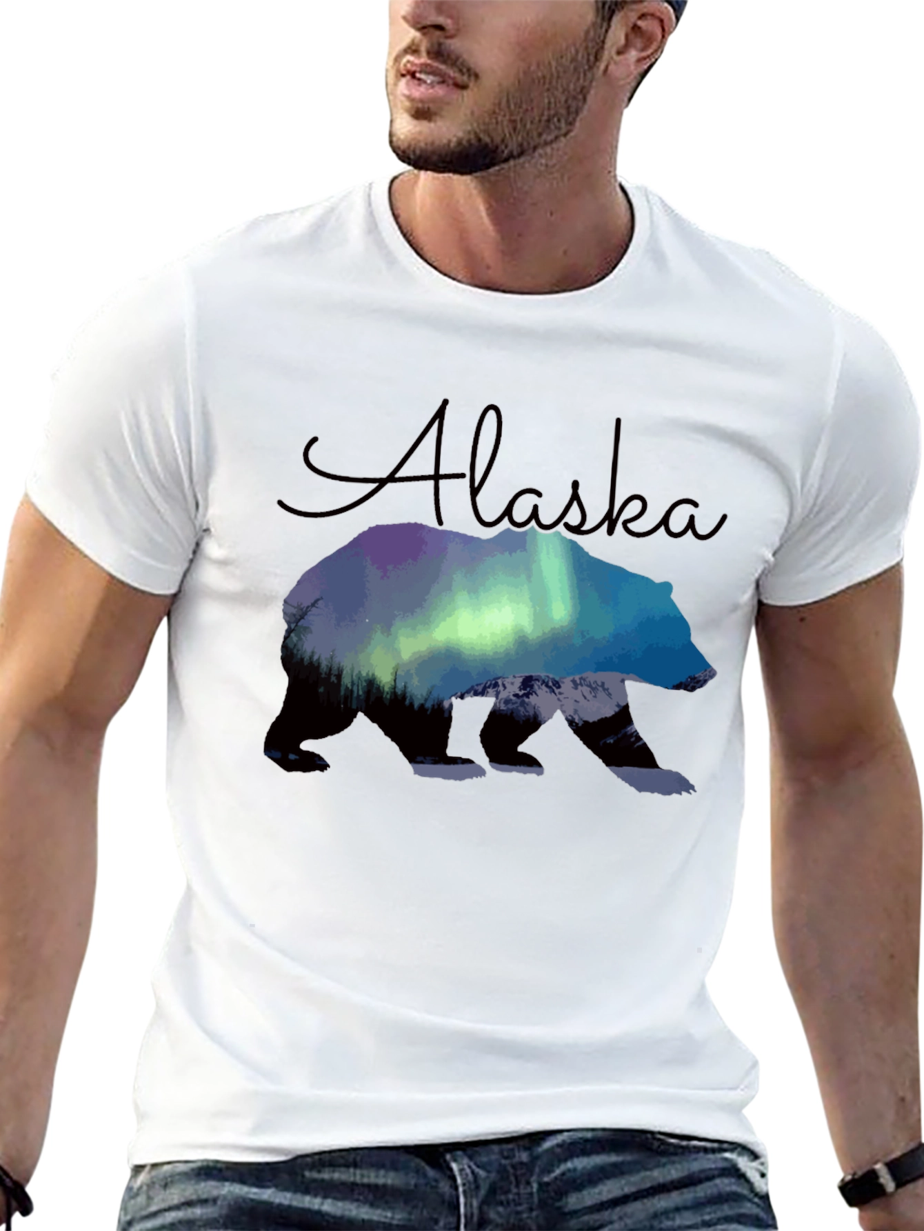 Black Alaska Bear Northern Lights Graphic T-Shirt view 13