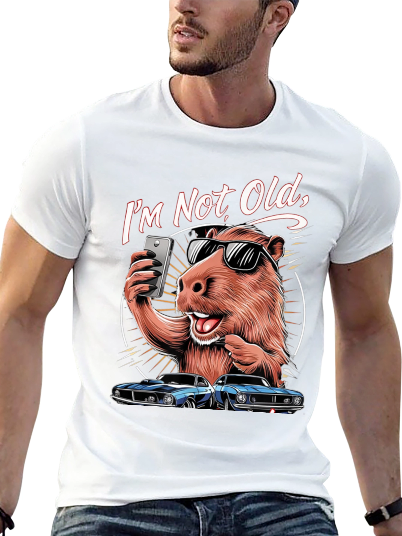 Black I'm Not Old T-Shirt: Capybara Selfie & Classic Car Design view 13