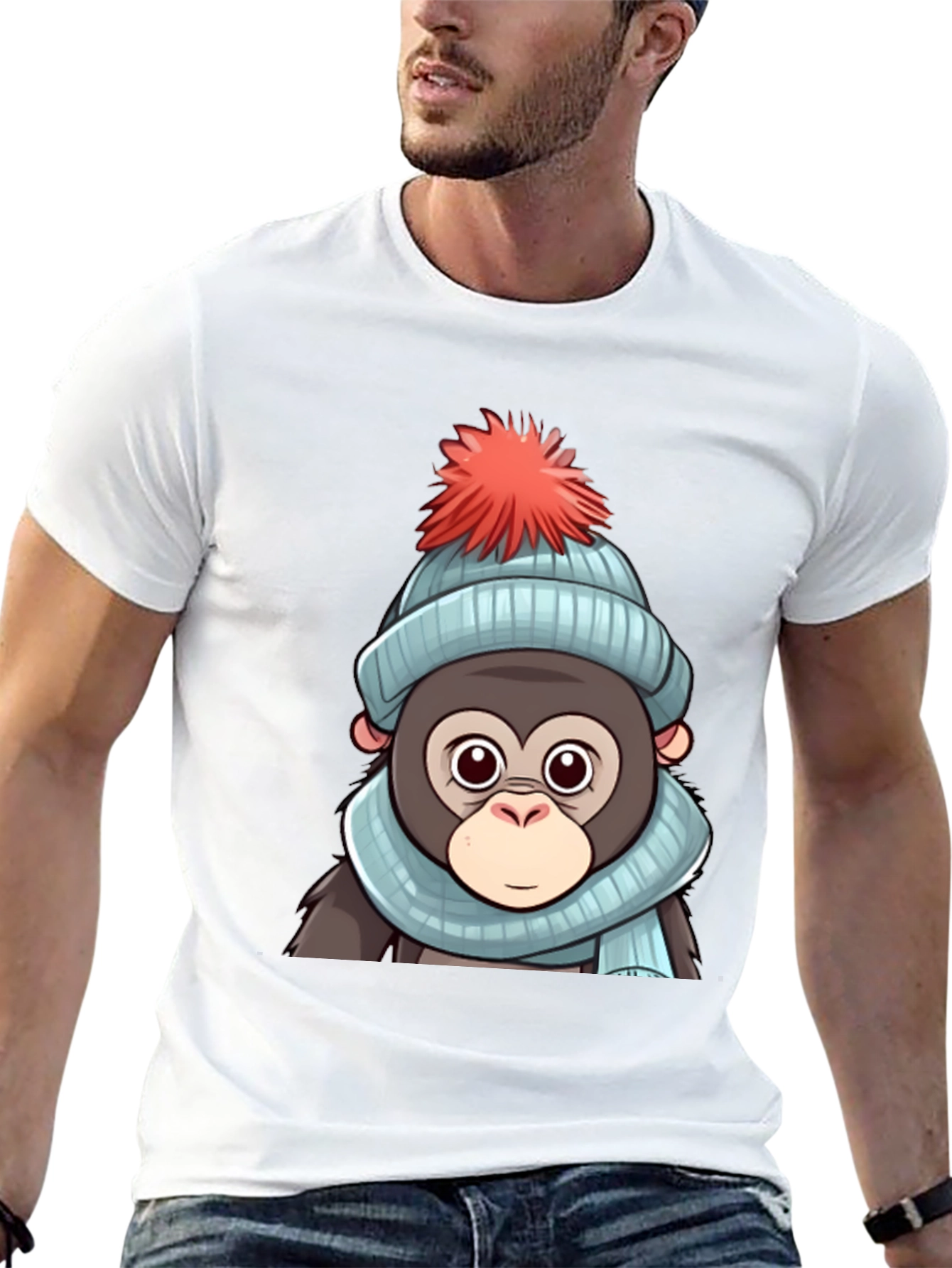 Black Cute Cartoon Monkey in Winter Hat T-Shirt view 13