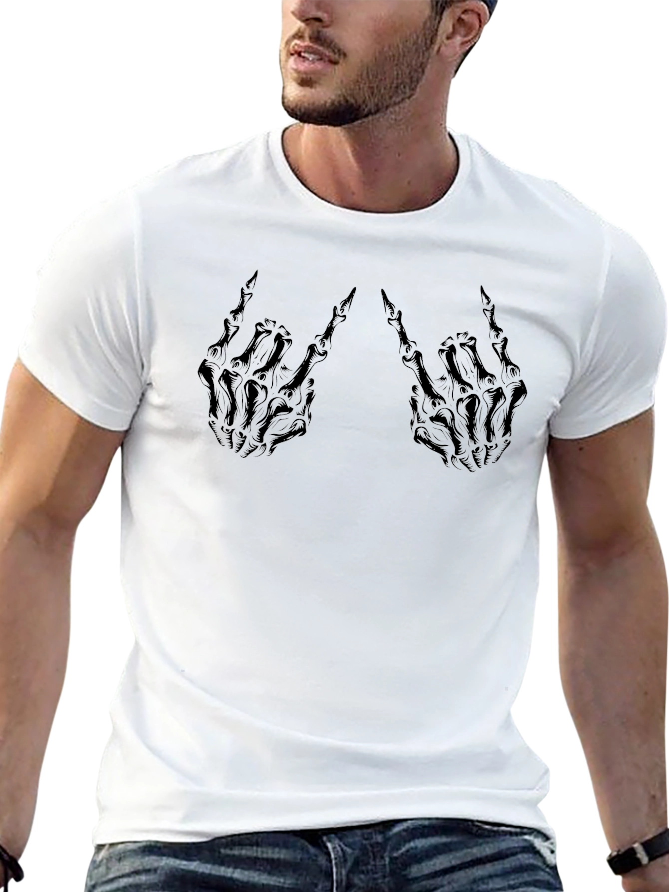 Black Skeleton Hand Rock On Black T-Shirt view 13