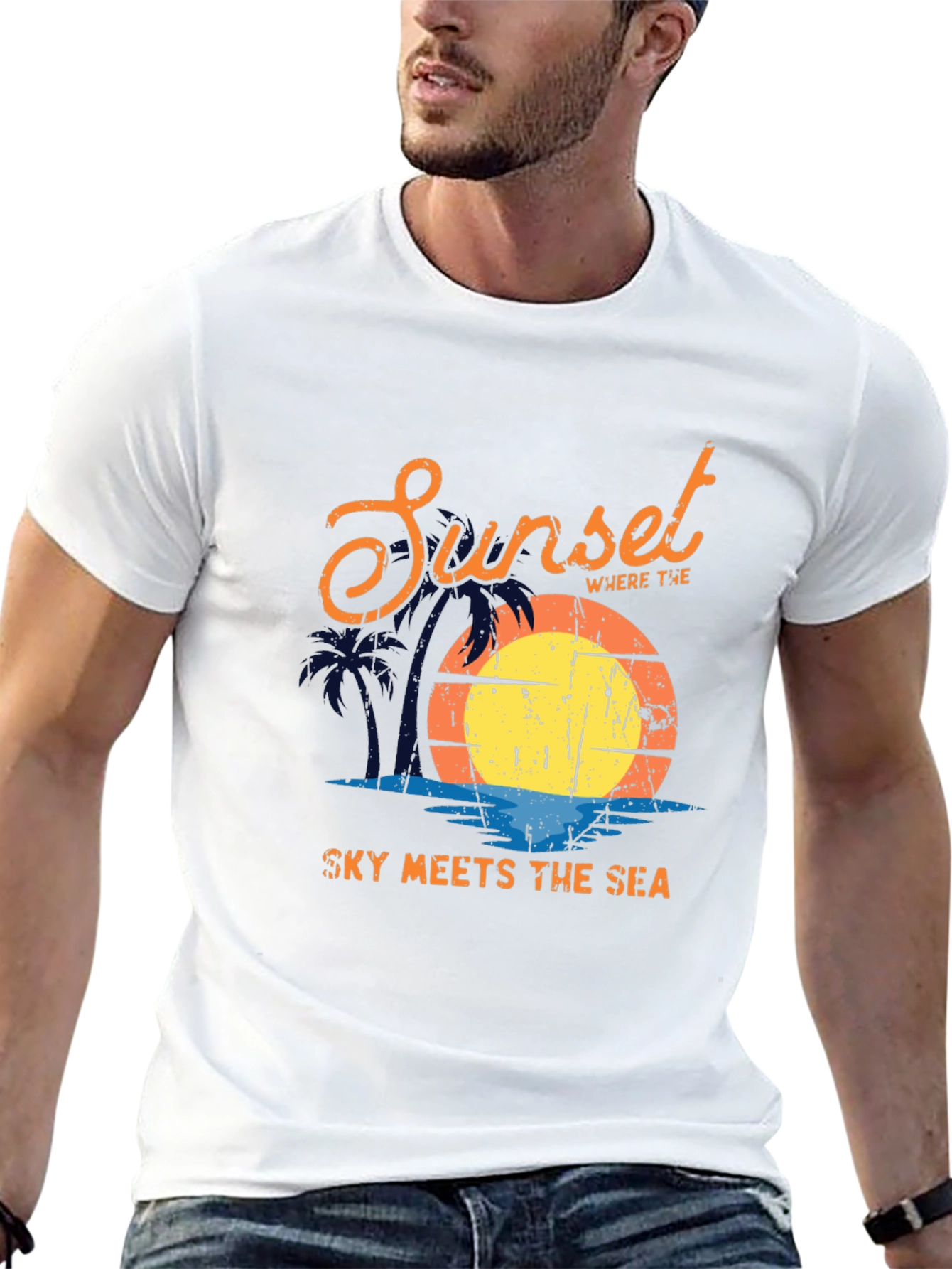 Sunset Sky Meets Sea Graphic Black T-Shirt - 13