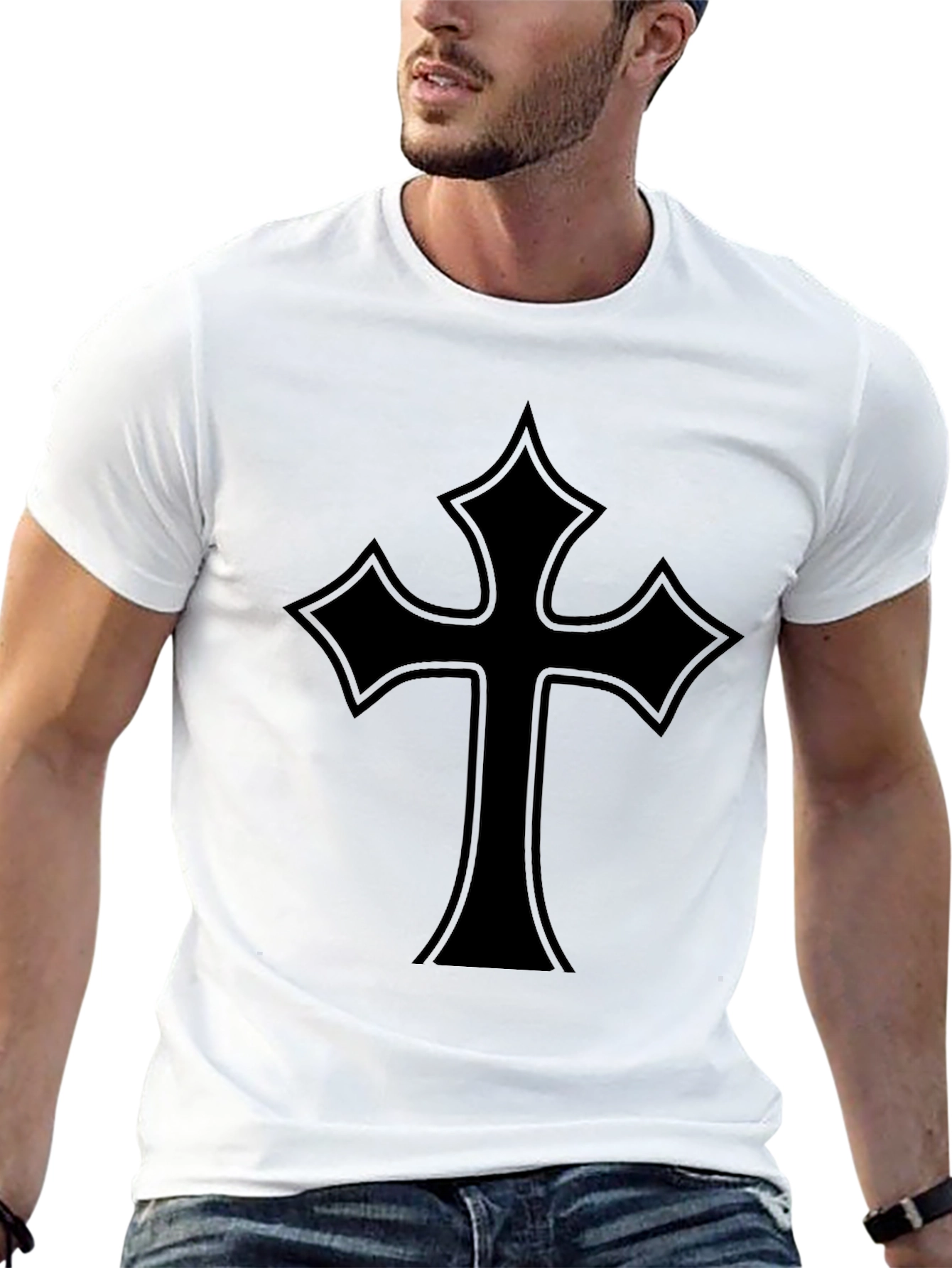 Black Men's Black T-Shirt with Gothic Cross Design view 13
