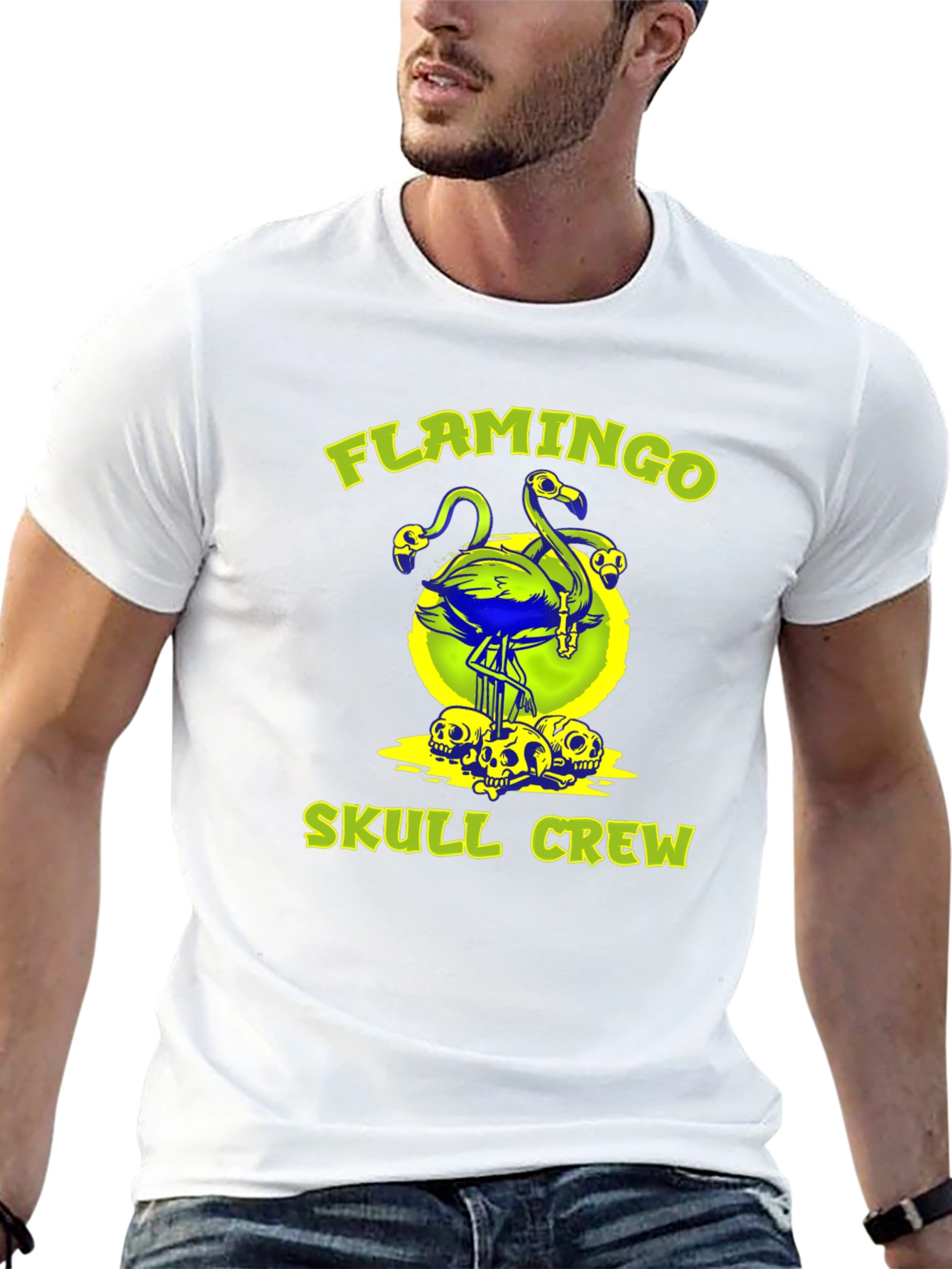 Black Flamingo Skull Crew Graphic Tee - Bold & Unique! view 13