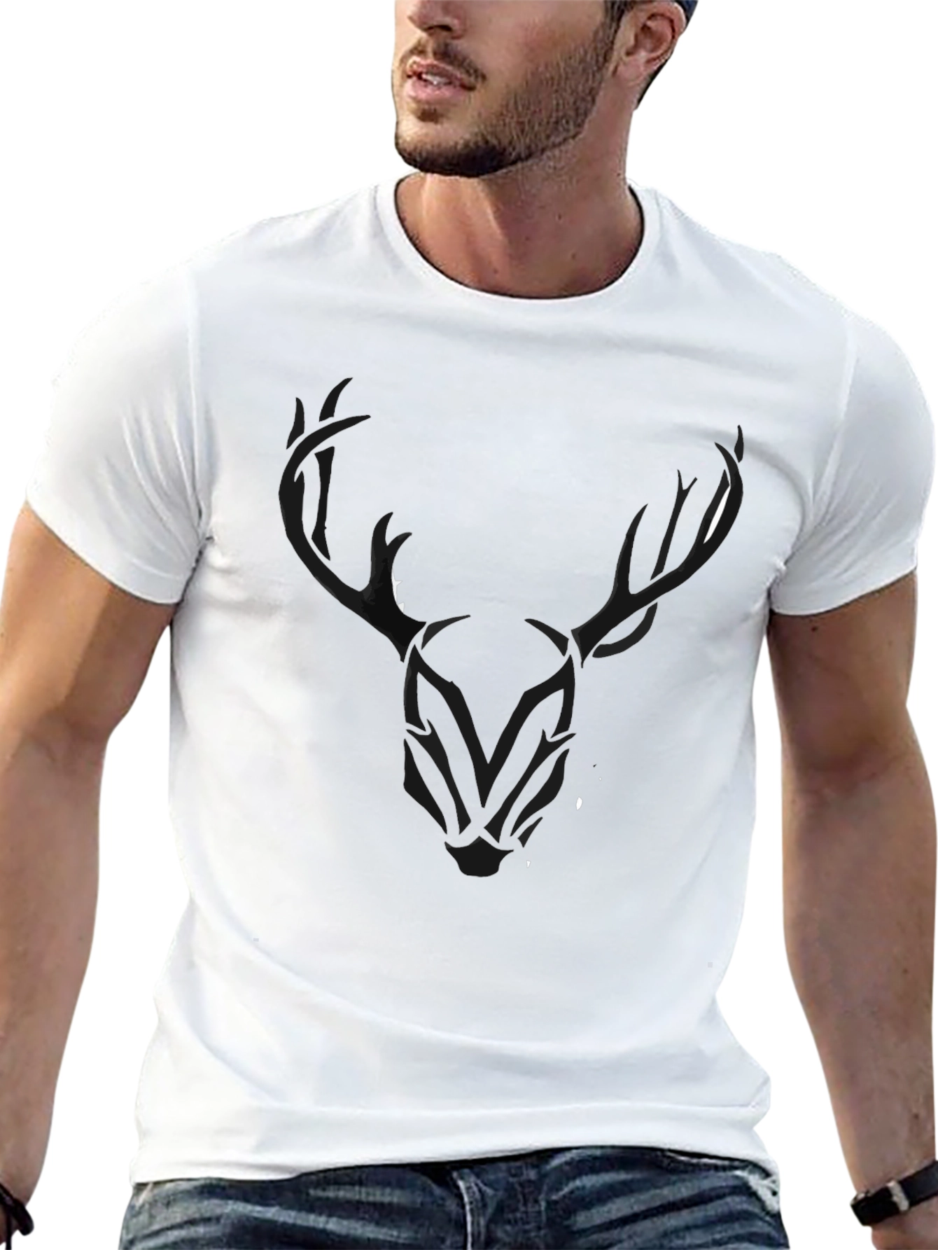 Black Men's Black T-Shirt with Stylized Deer Head Graphic view 13
