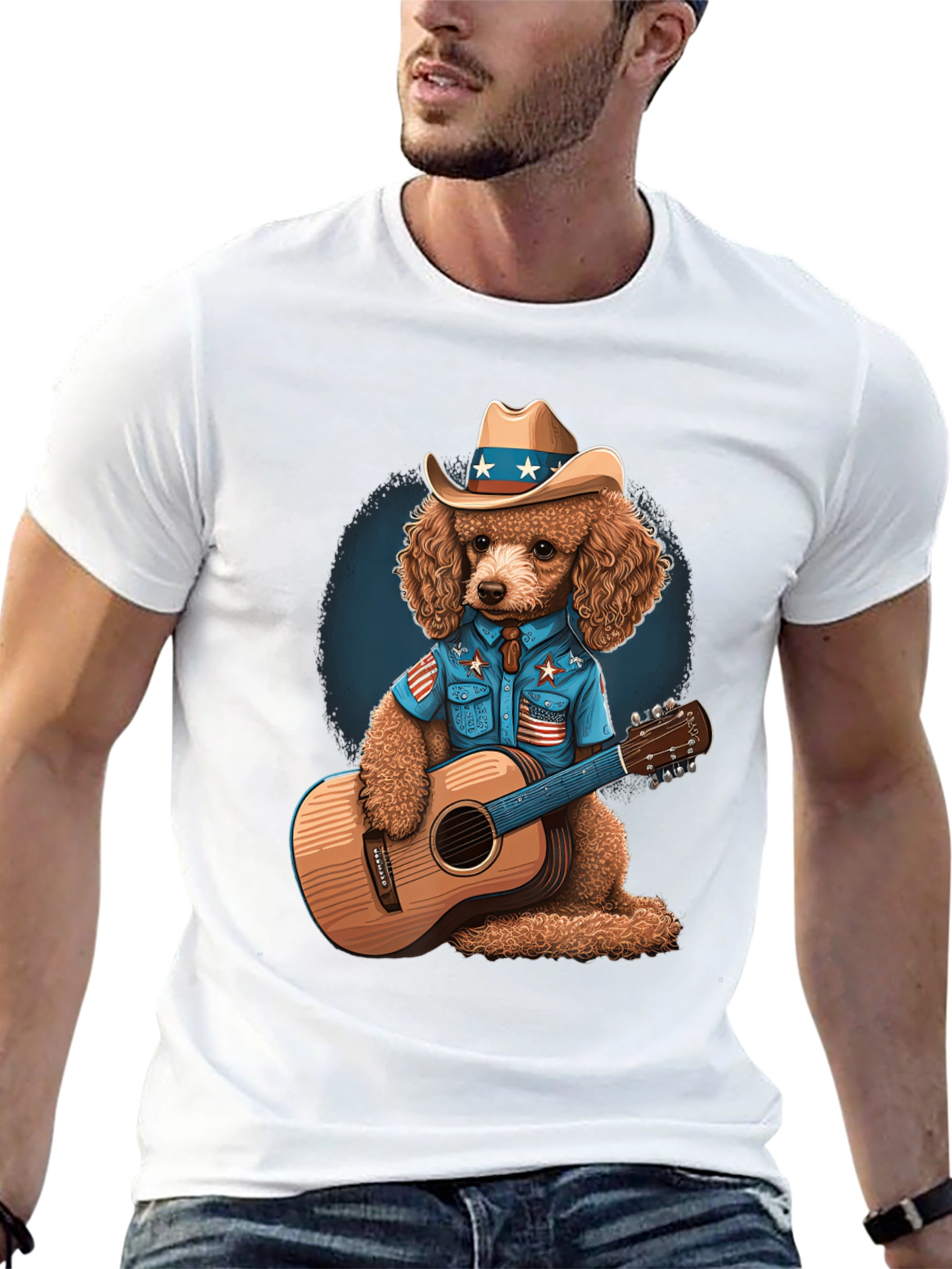 Black Patriotic Poodle Cowboy Guitarist T-Shirt view 13