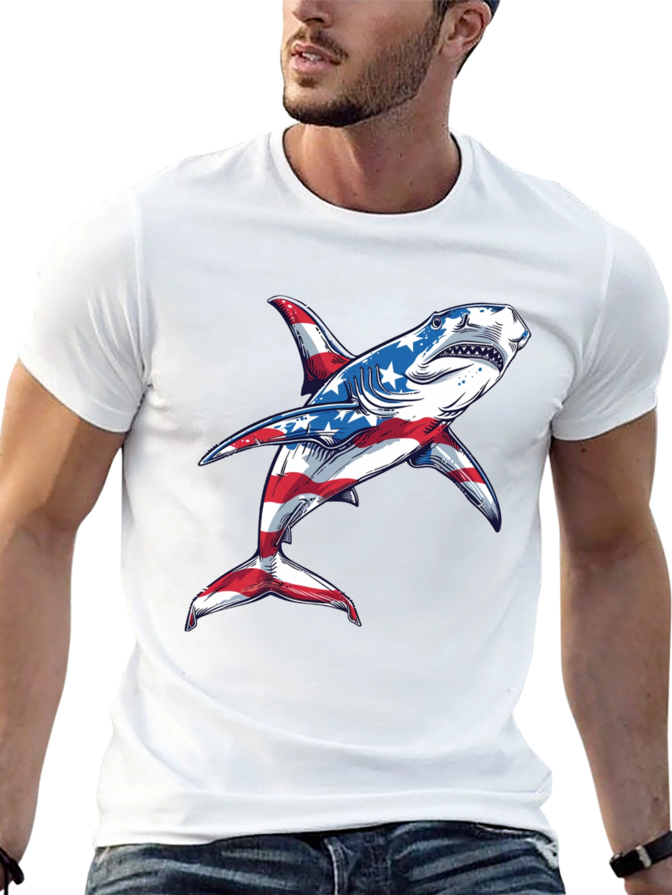 Black American Flag Shark Graphic Tee view 13