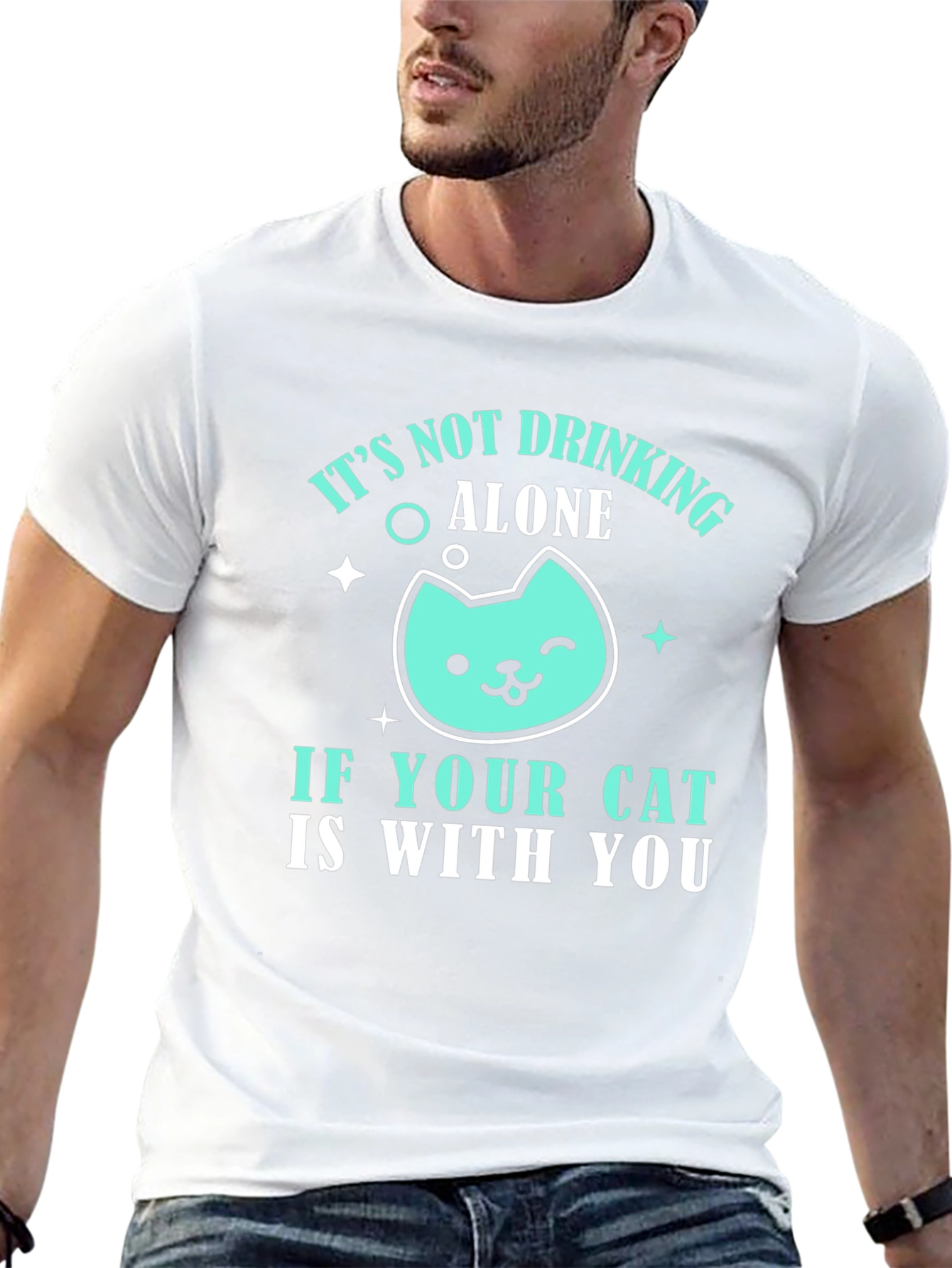 Black Drinking with Cat Graphic Tee - Funny Cat Lover T-Shirt view 13