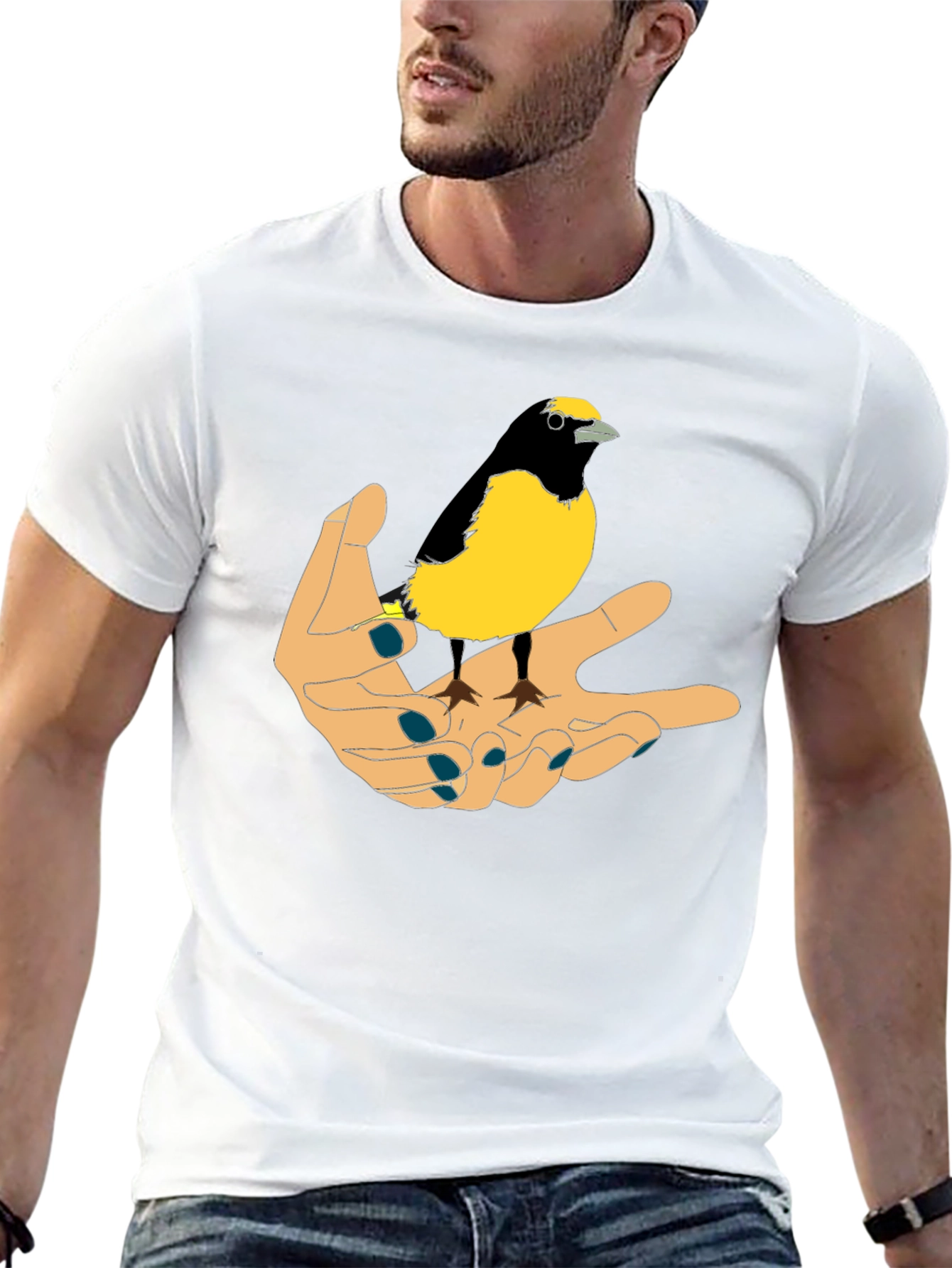 Black Bird on Hand Graphic Tee - Black Cotton T-Shirt view 13