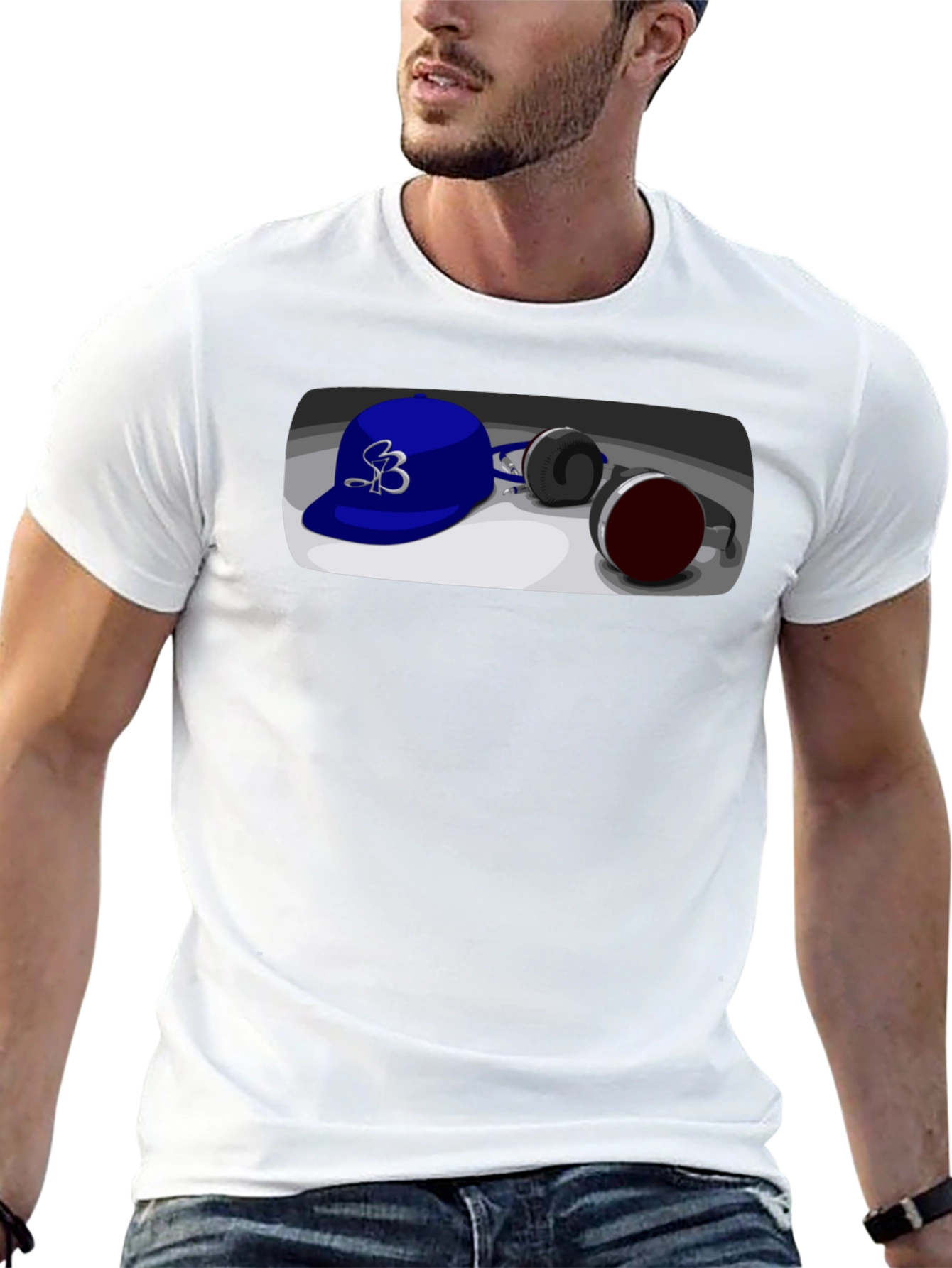 Black Cool Cartoon Blue Hat and Headphones Graphic Tee view 13