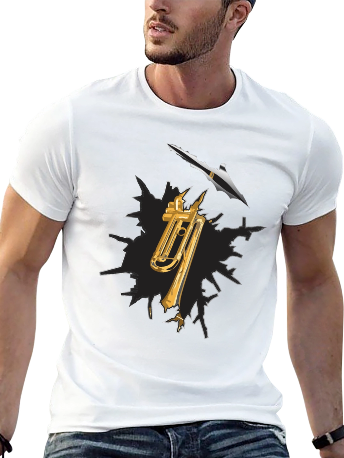Black Trumpet and Spear Graphic Black T-Shirt view 13
