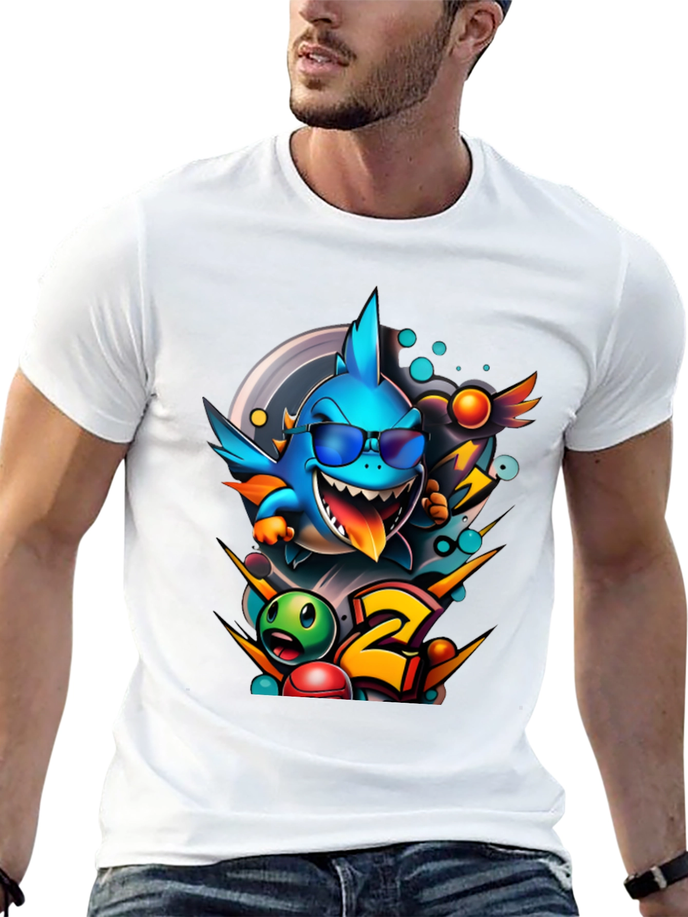 Black Cool Shark Cartoon Graphic Print T-Shirt view 13