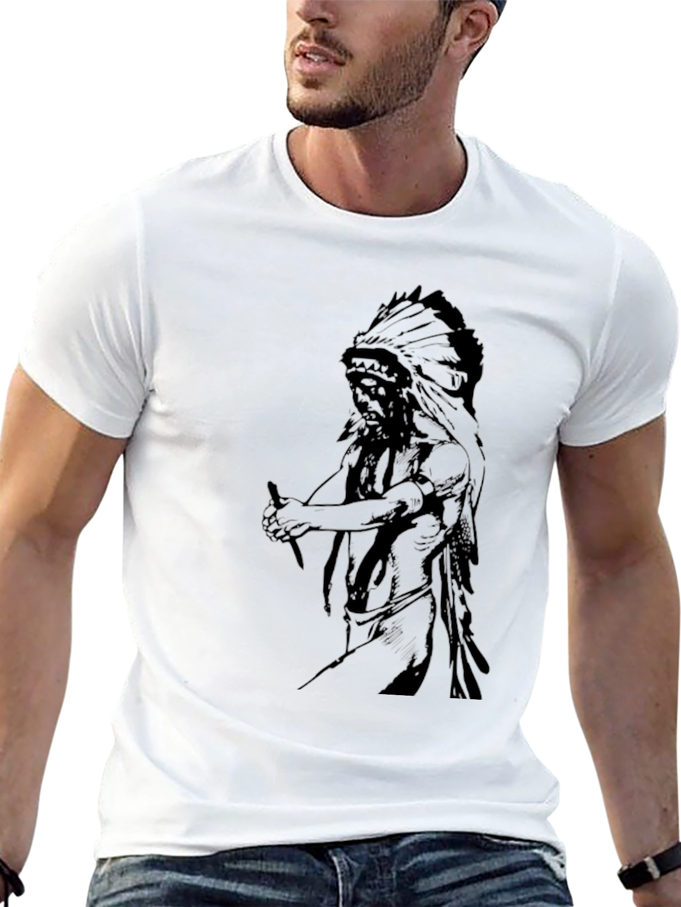 Black Graphic Tee - Native American Chief Design view 13
