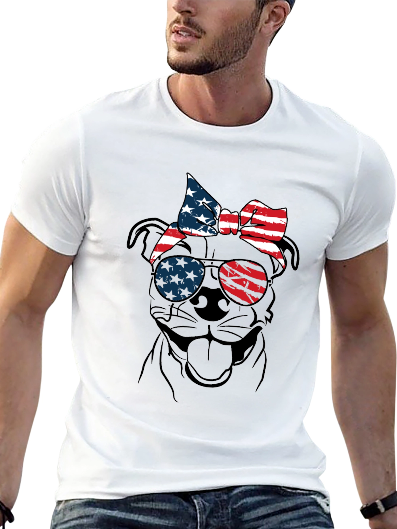 Patriotic Dog T-Shirt - USA Flag Sunglasses & Bandana - 13