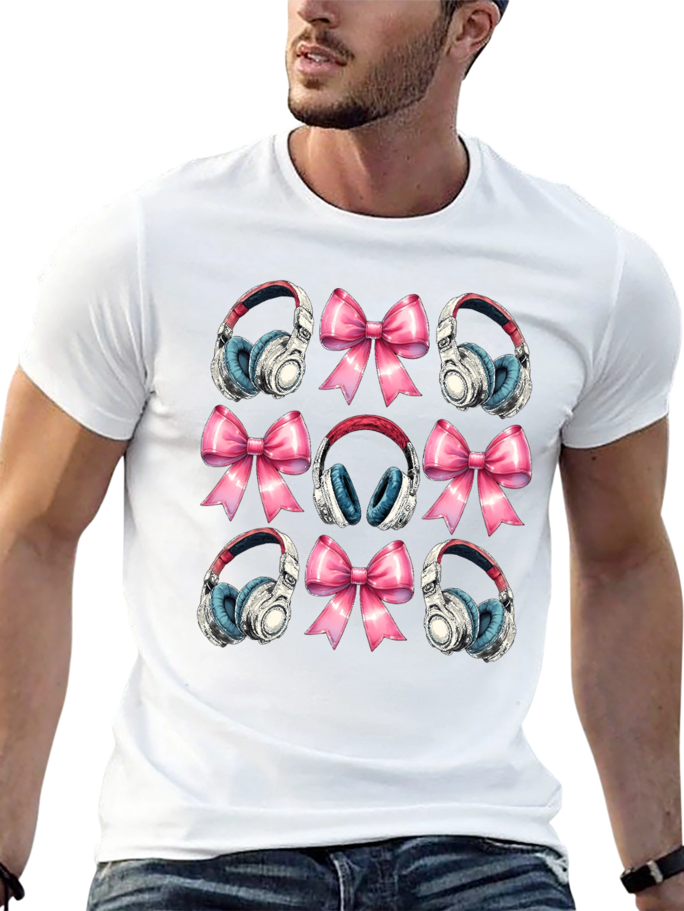Black Headphones & Bows Graphic T-Shirt - Music Lover Tee view 13
