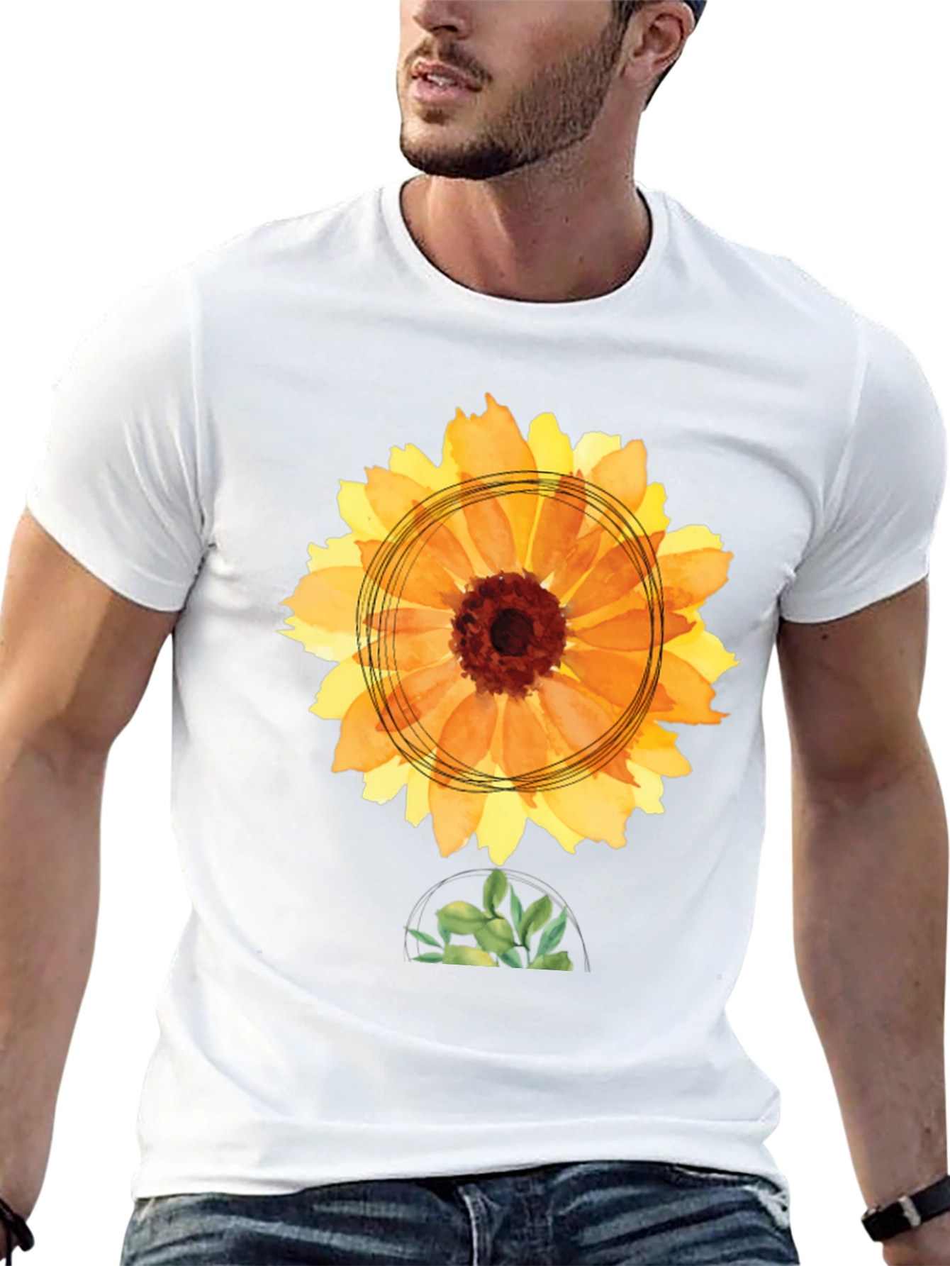Black Sunflower Watercolor Graphic Tee - Black Cotton T-Shirt view 13