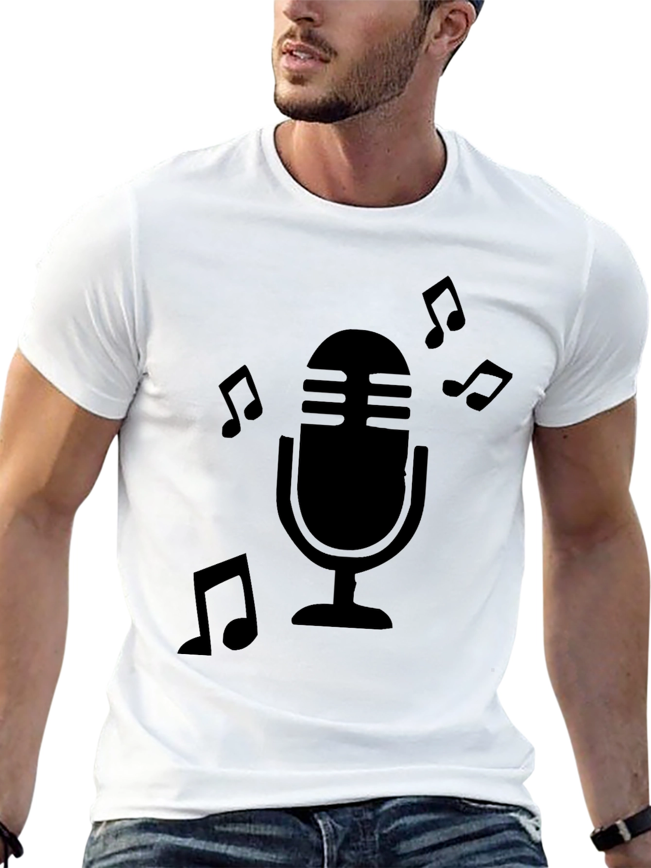 Black Retro Microphone Music Notes Graphic T-Shirt view 13