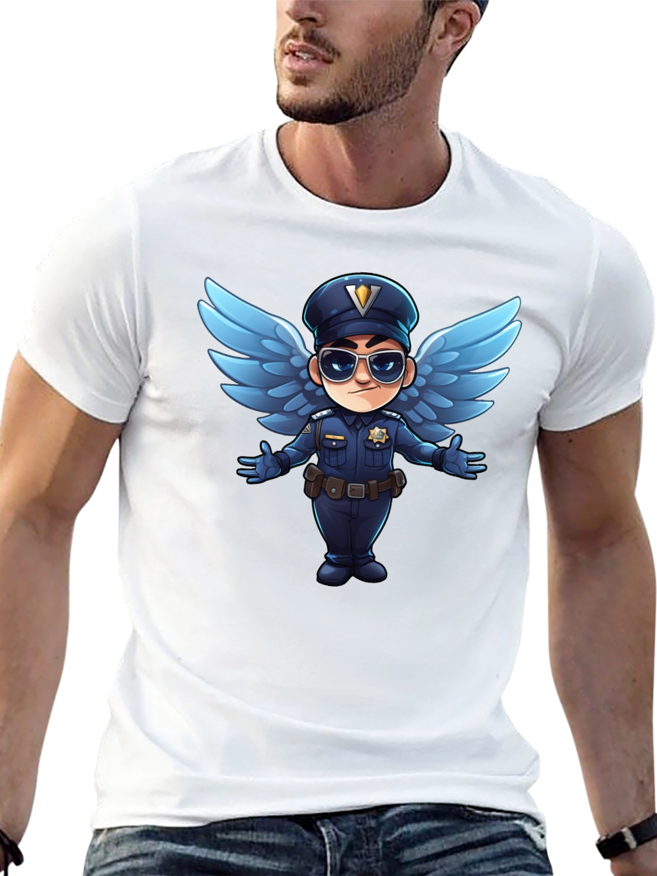 Black Cartoon Angel Cop T-Shirt - Black view 13