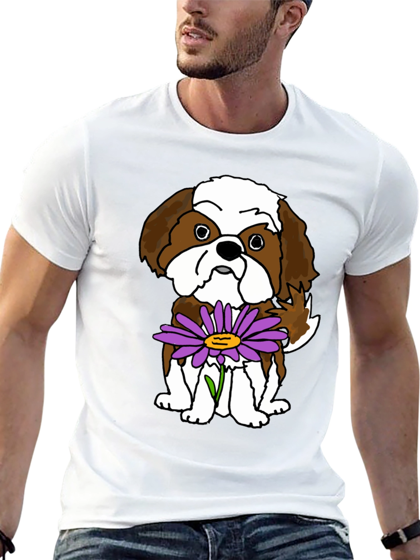 Black Cute Shih Tzu Dog with Flower Graphic T-Shirt view 13
