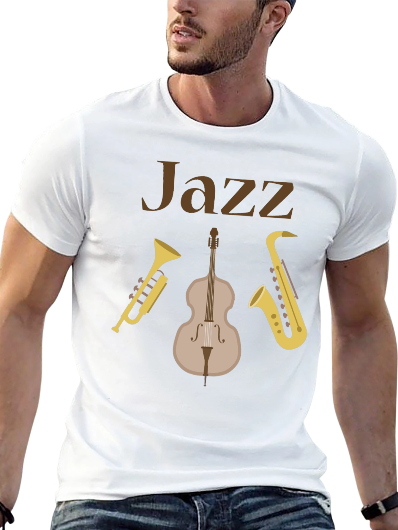 Black Jazz Music Instrument T-Shirt - Trumpet, Bass, Saxophone view 13