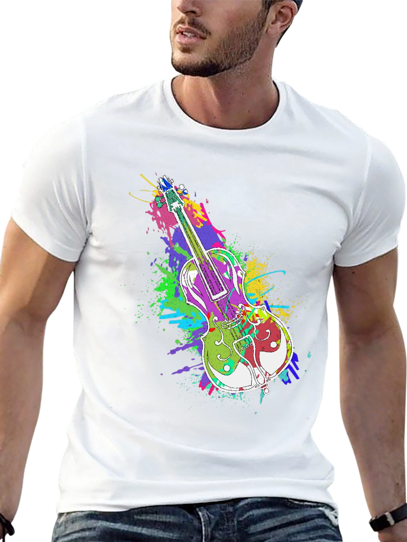 Black Colorful Violin Splatter Print T-Shirt - Unique Music Design view 13