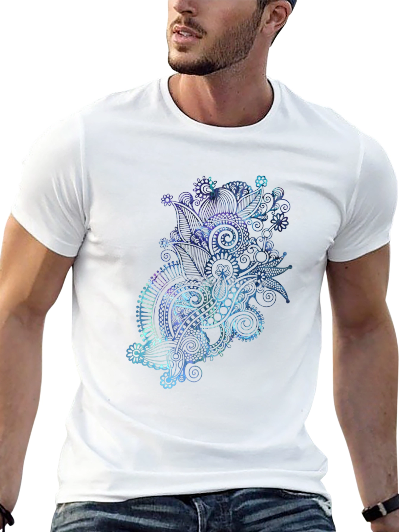 Men's Black T-Shirt with Abstract Floral Design - 13