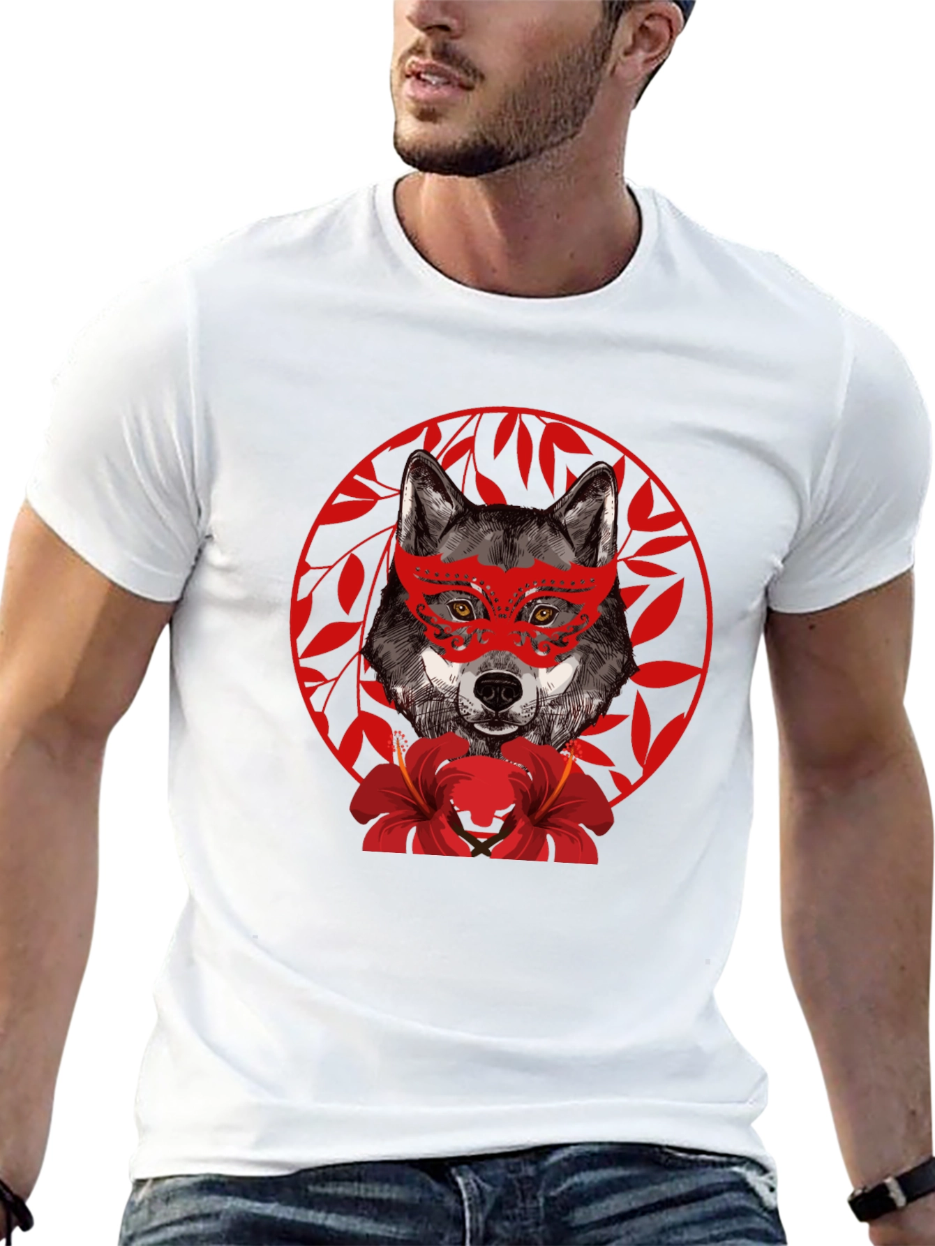 Black Wolf Masquerade Graphic Tee - Unique Animal Print T-Shirt view 13