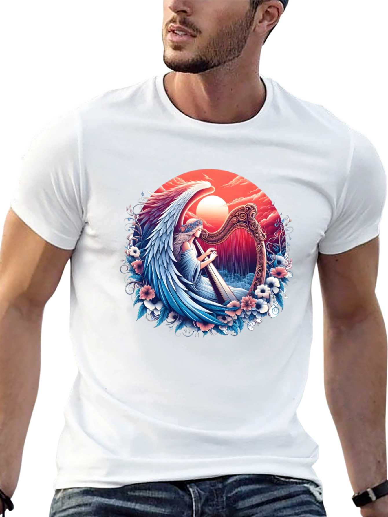 Black Angel Harpist Graphic T-Shirt - Celestial Harmony view 13