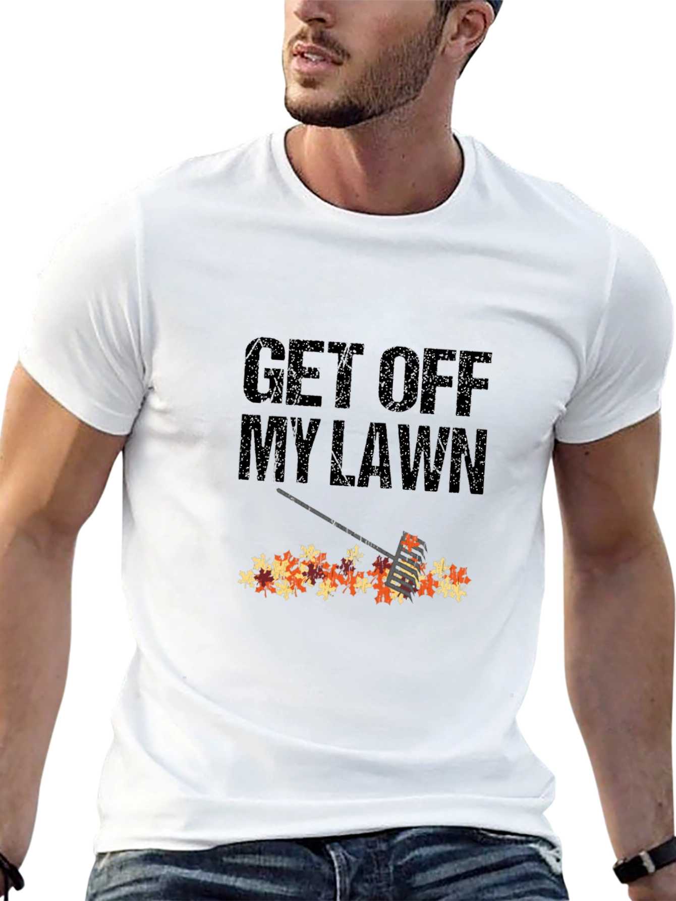 Black Get Off My Lawn Fall Leaves Rake T-Shirt view 13