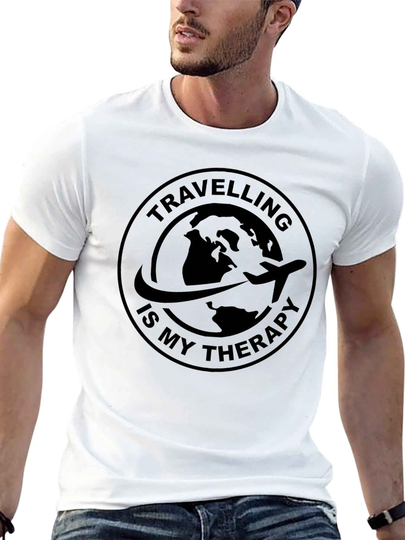 Black Travel Therapy Black T-Shirt - Globe Airplane Design view 13