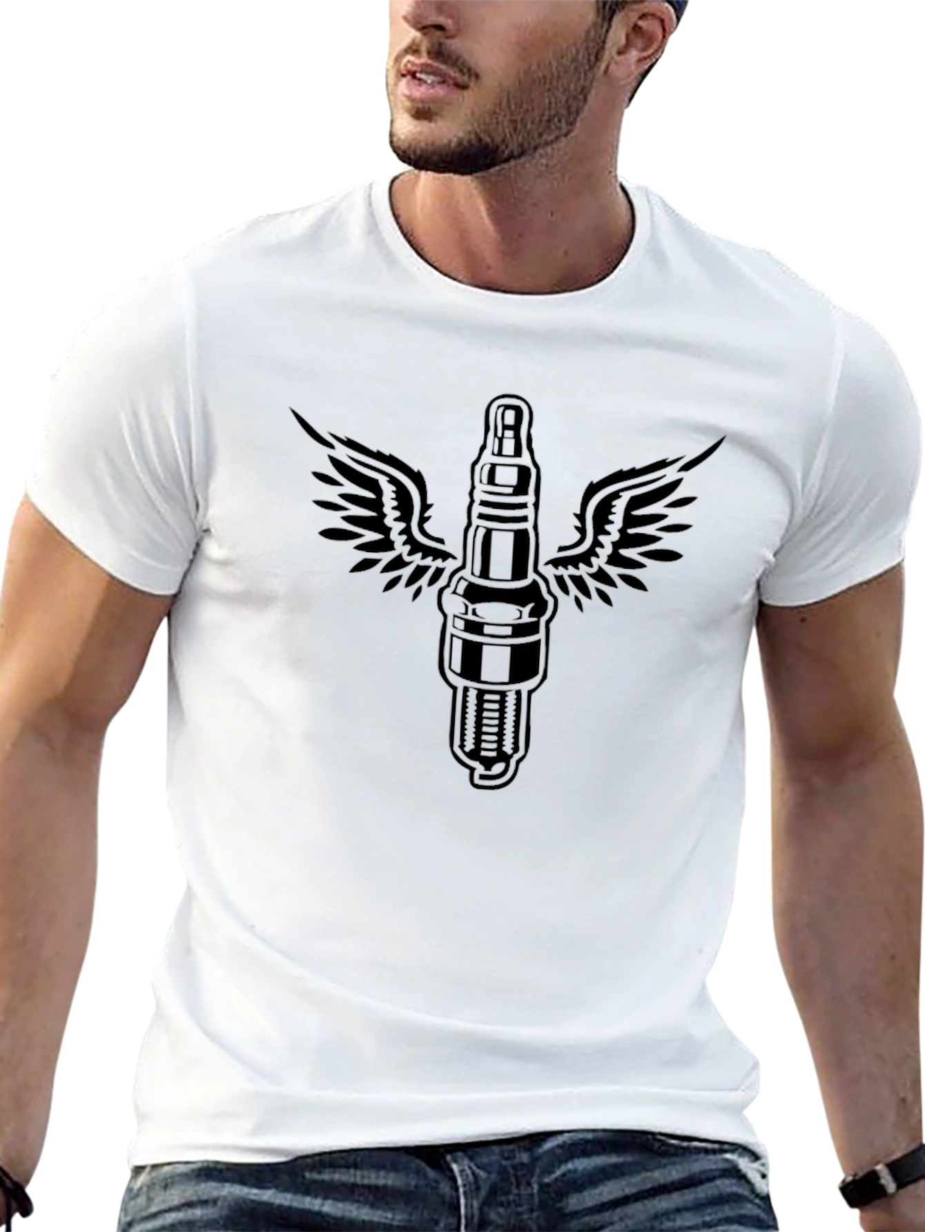 Black Men's Black T-Shirt with Flying Spark Plug Graphic view 13
