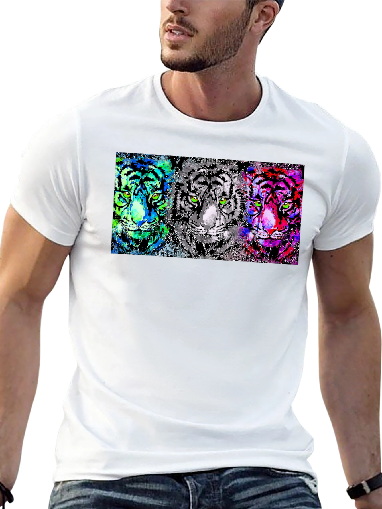 Black Vibrant Tiger Trio Graphic Tee - Unique Pop Art Design view 13