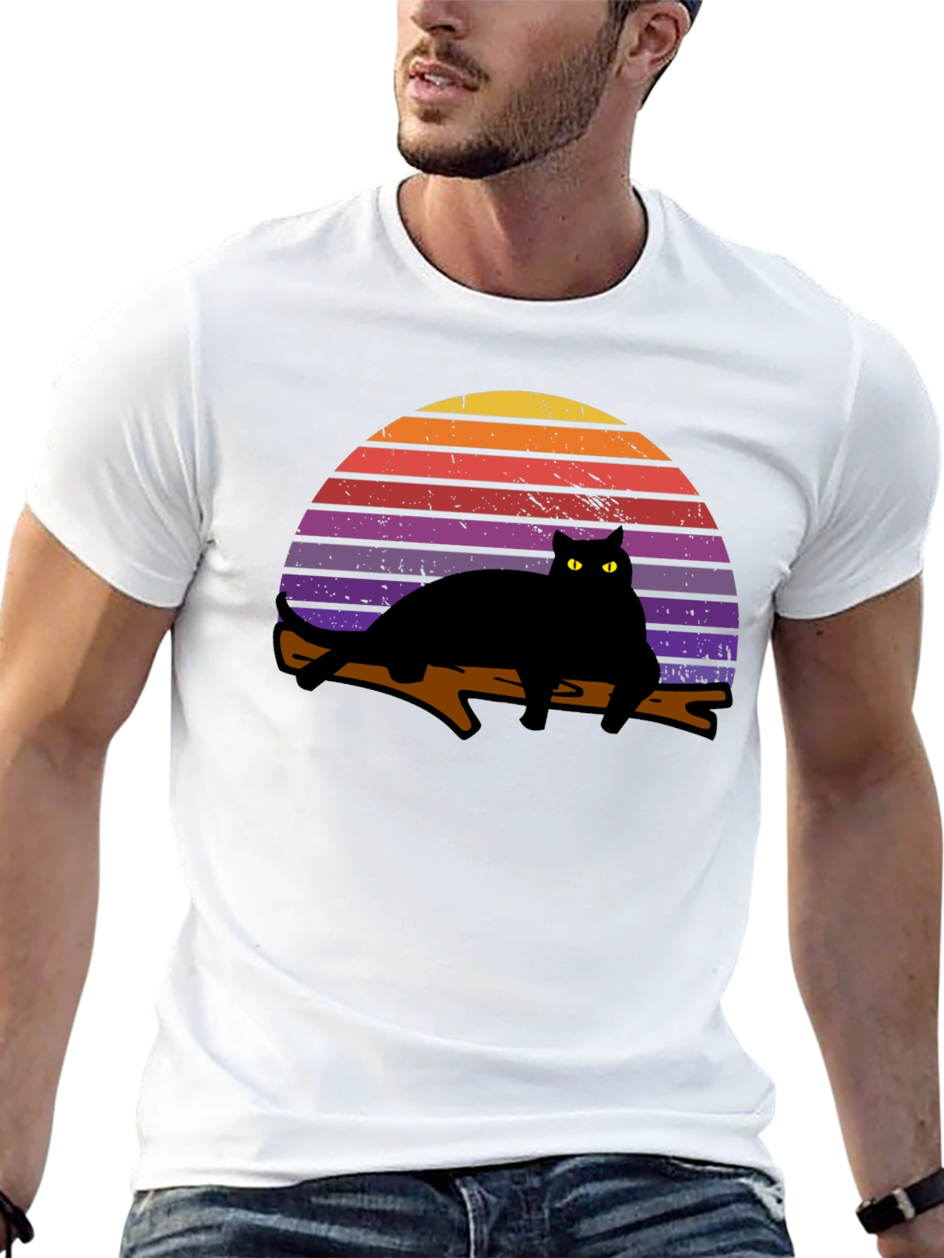 Black Retro Cat Sunset Graphic T-Shirt - Black view 13