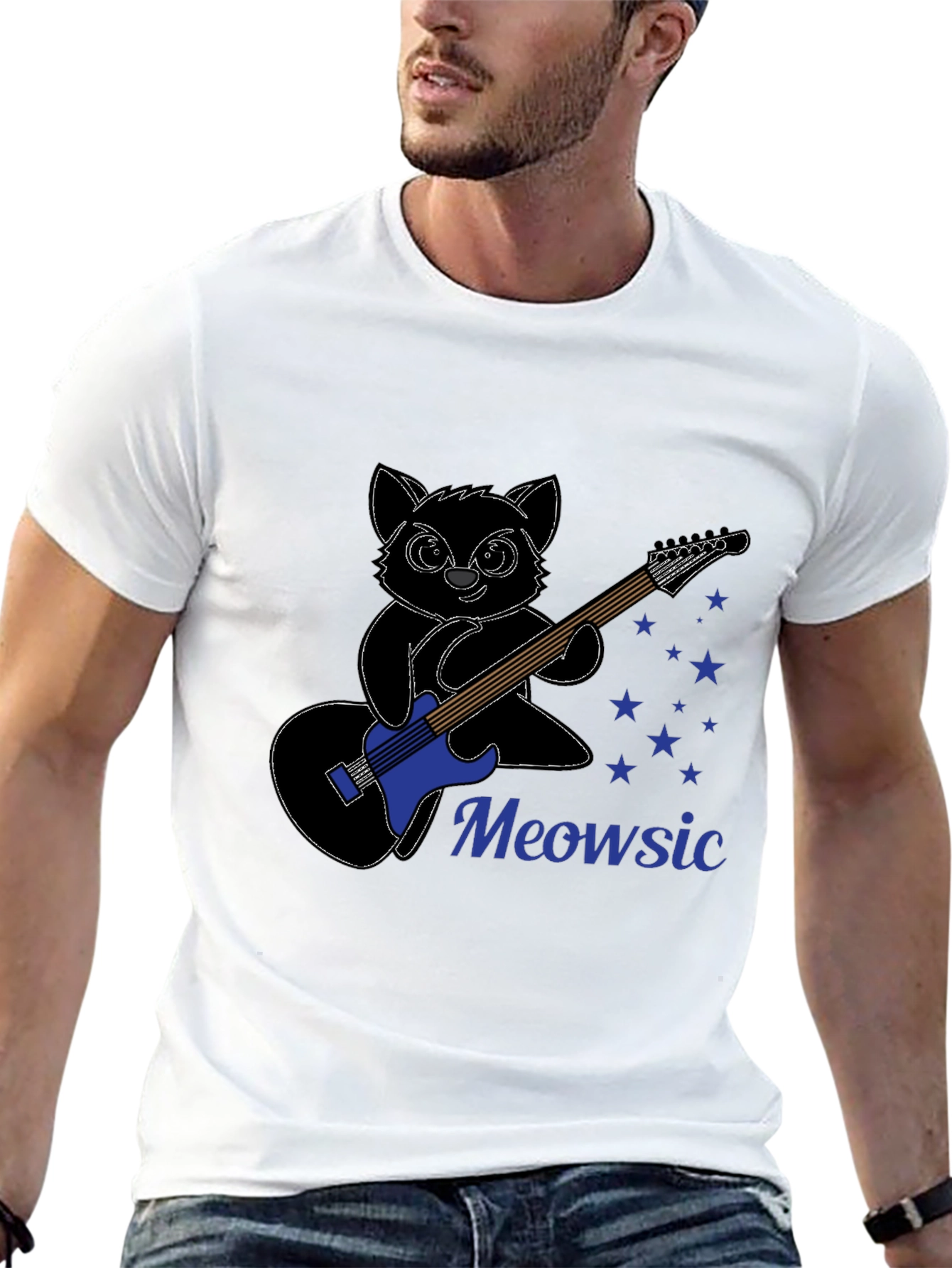 Black Meowsic T-Shirt: Cat Playing Guitar view 13