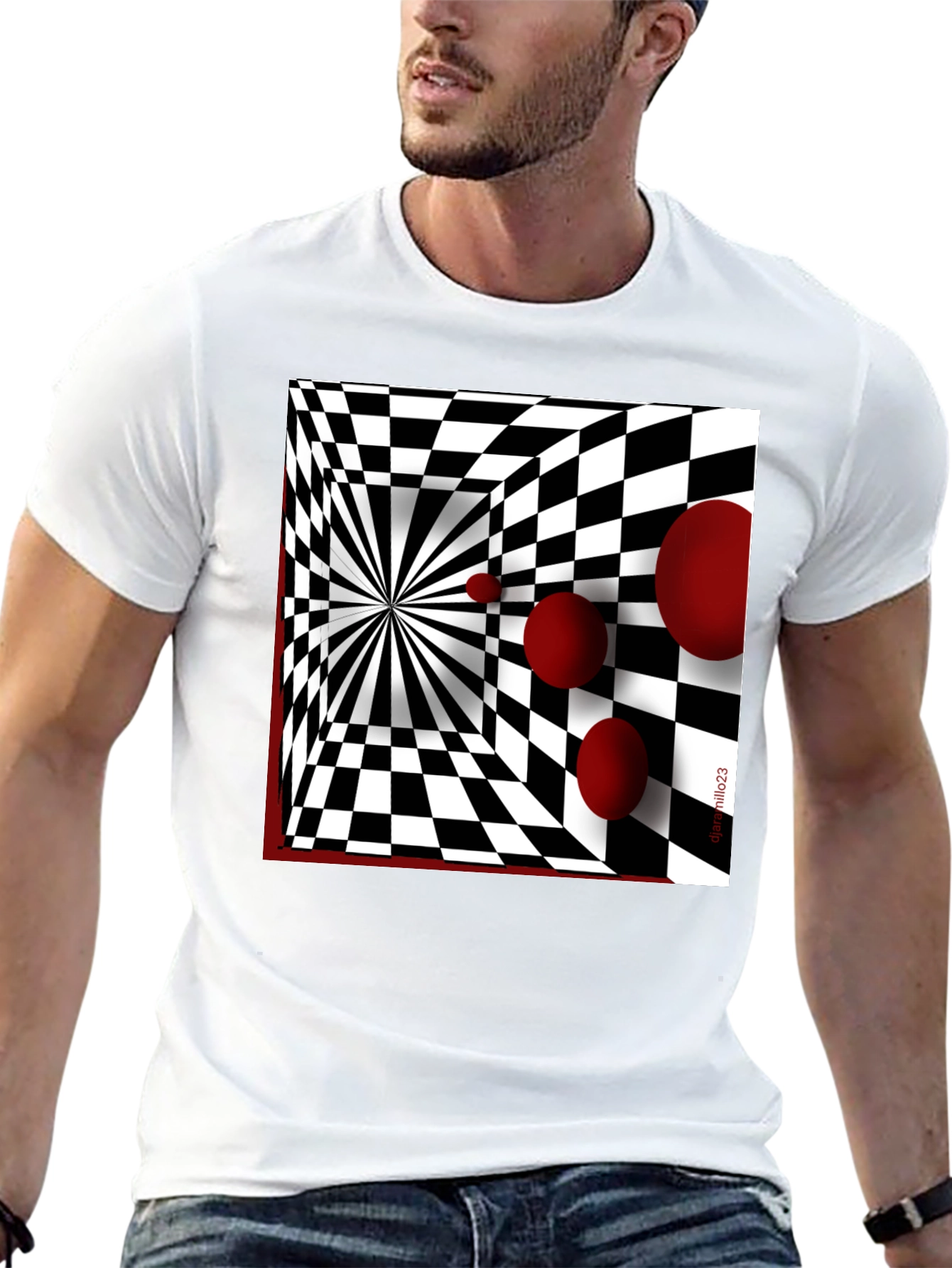 Black Optical Illusion Red Orb Black T-Shirt view 13