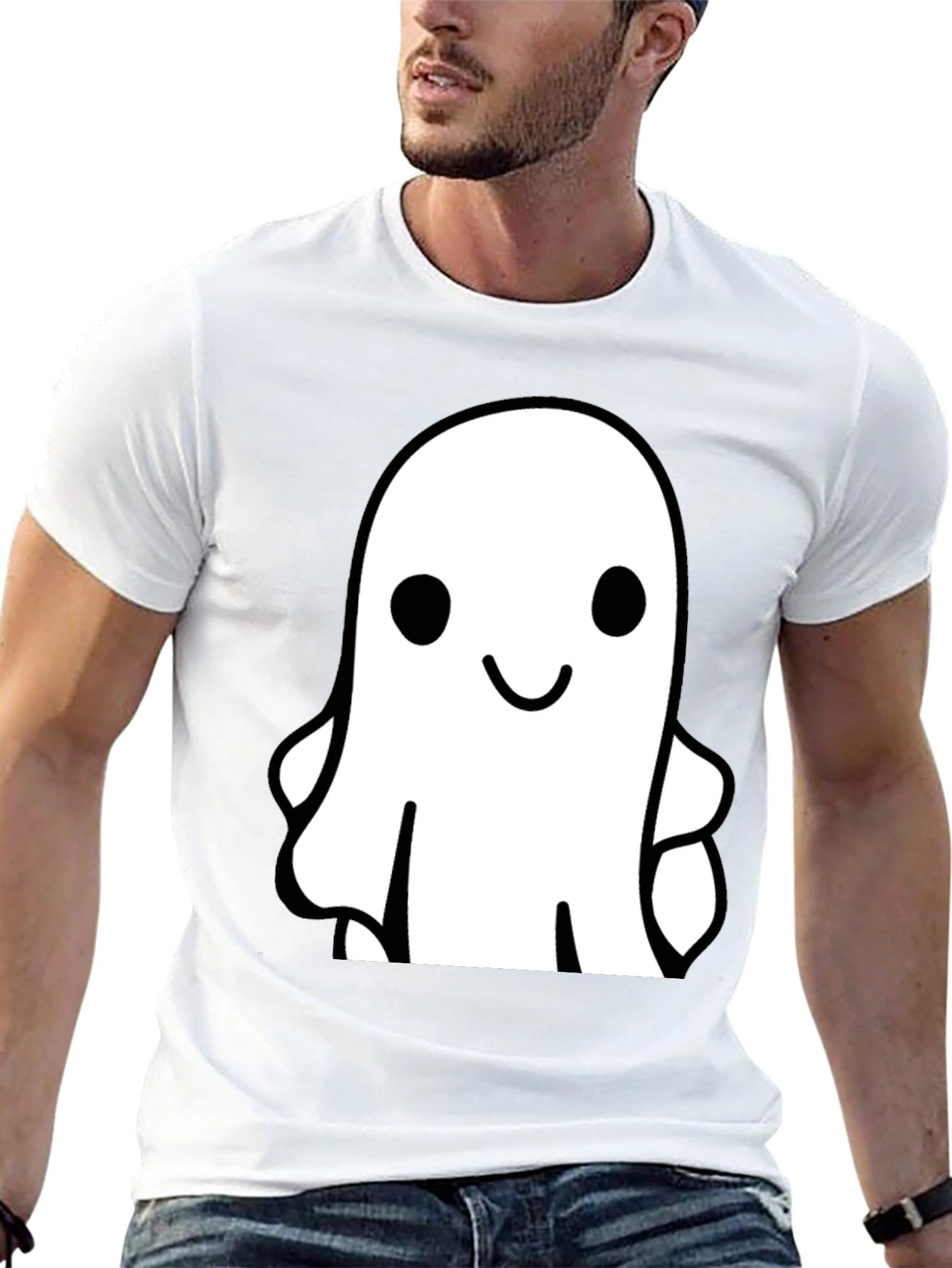 Black Cute Ghost Graphic Tee - Black Cotton T-Shirt view 13