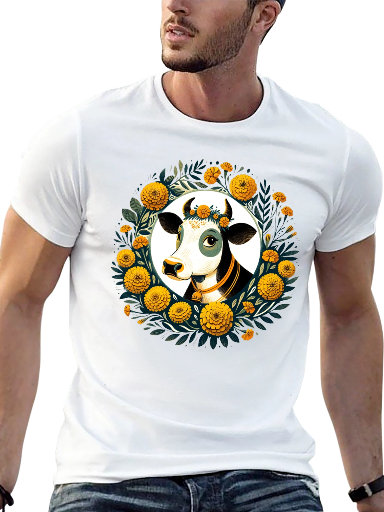 Black Floral Cow Graphic Tee - Black Unisex T-Shirt view 13