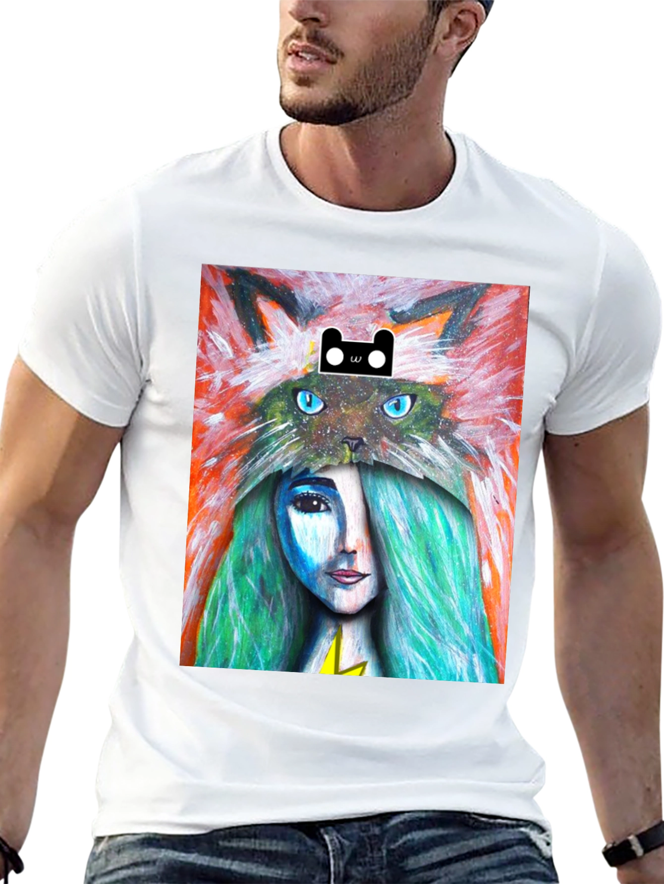 Black Artistic T-Shirt with Cat and Woman Design view 13