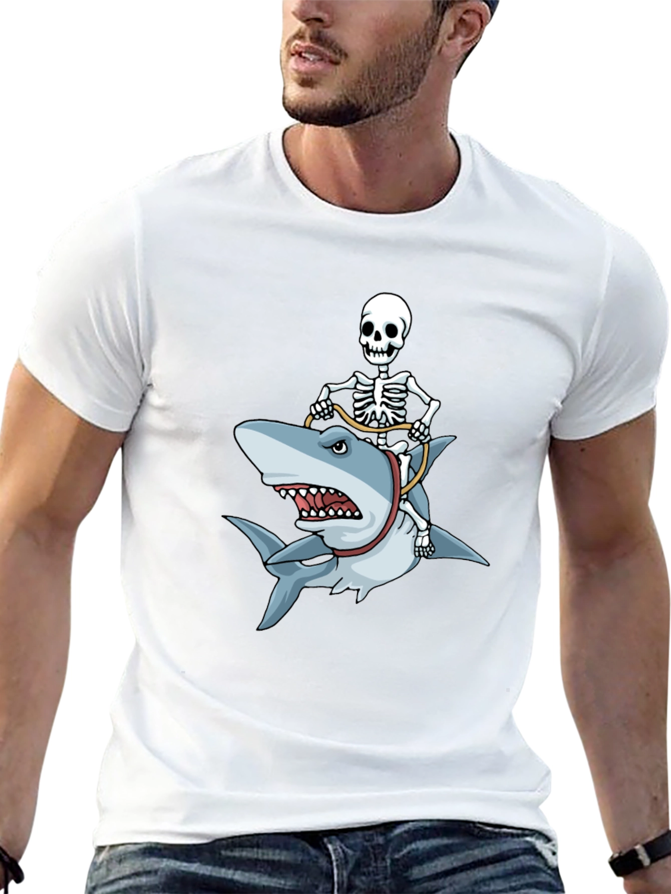 Black Skeleton Riding Shark Graphic T-Shirt view 13